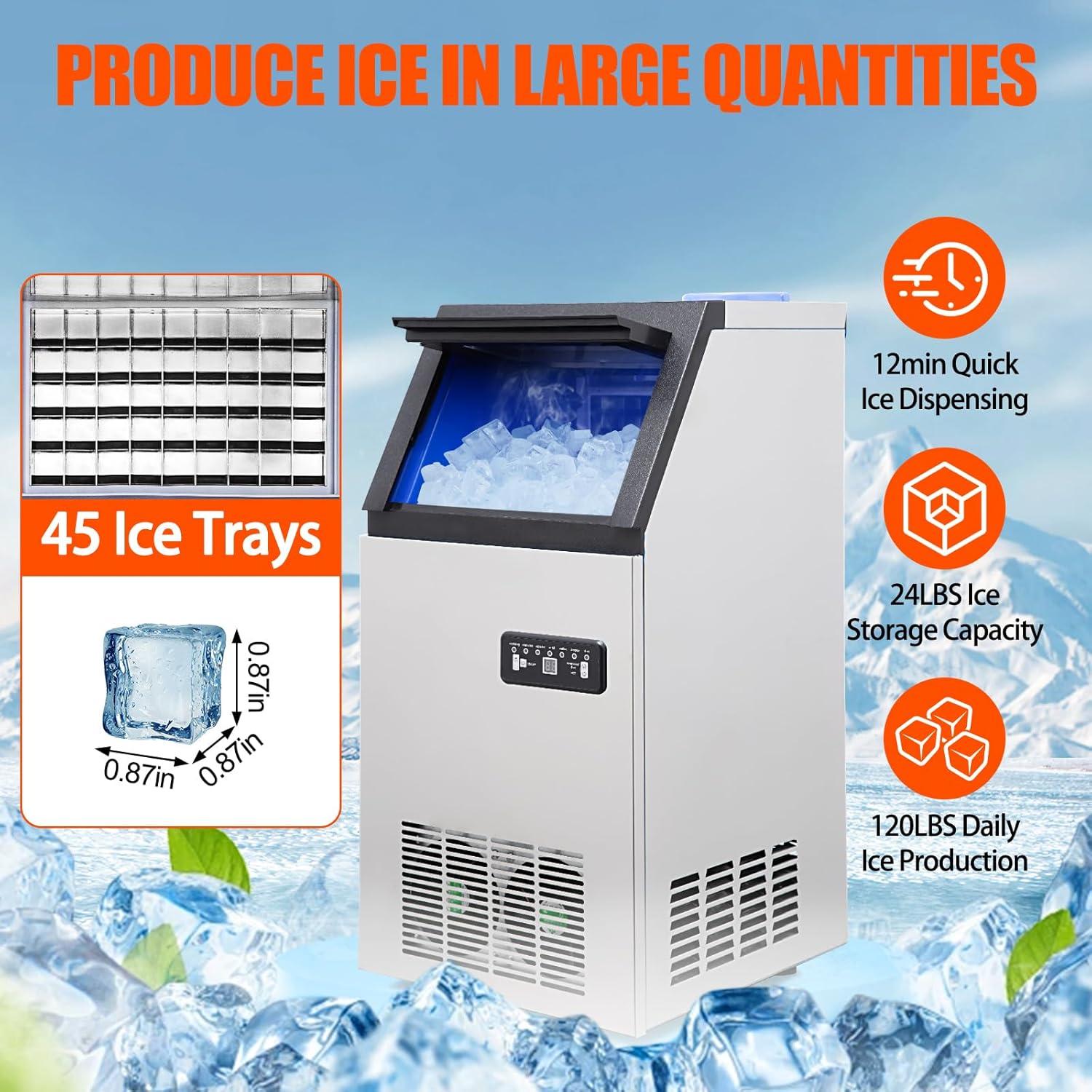 Stainless Steel 120lbs/24H Commercial Undercounter Ice Maker with 24lbs Storage