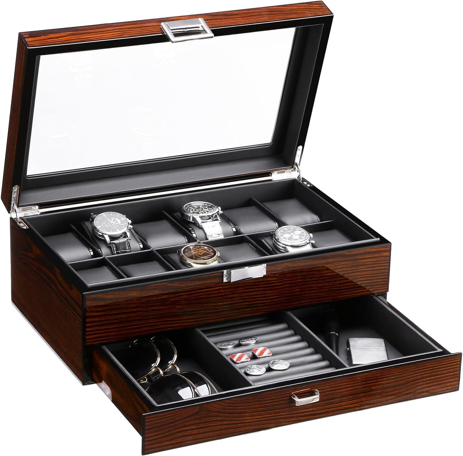 12 Watch Box With Valet Drawer, Luxury Watch Case,Watch Organizer Accessories With Real Glass Top,Metal Hinge, Brown