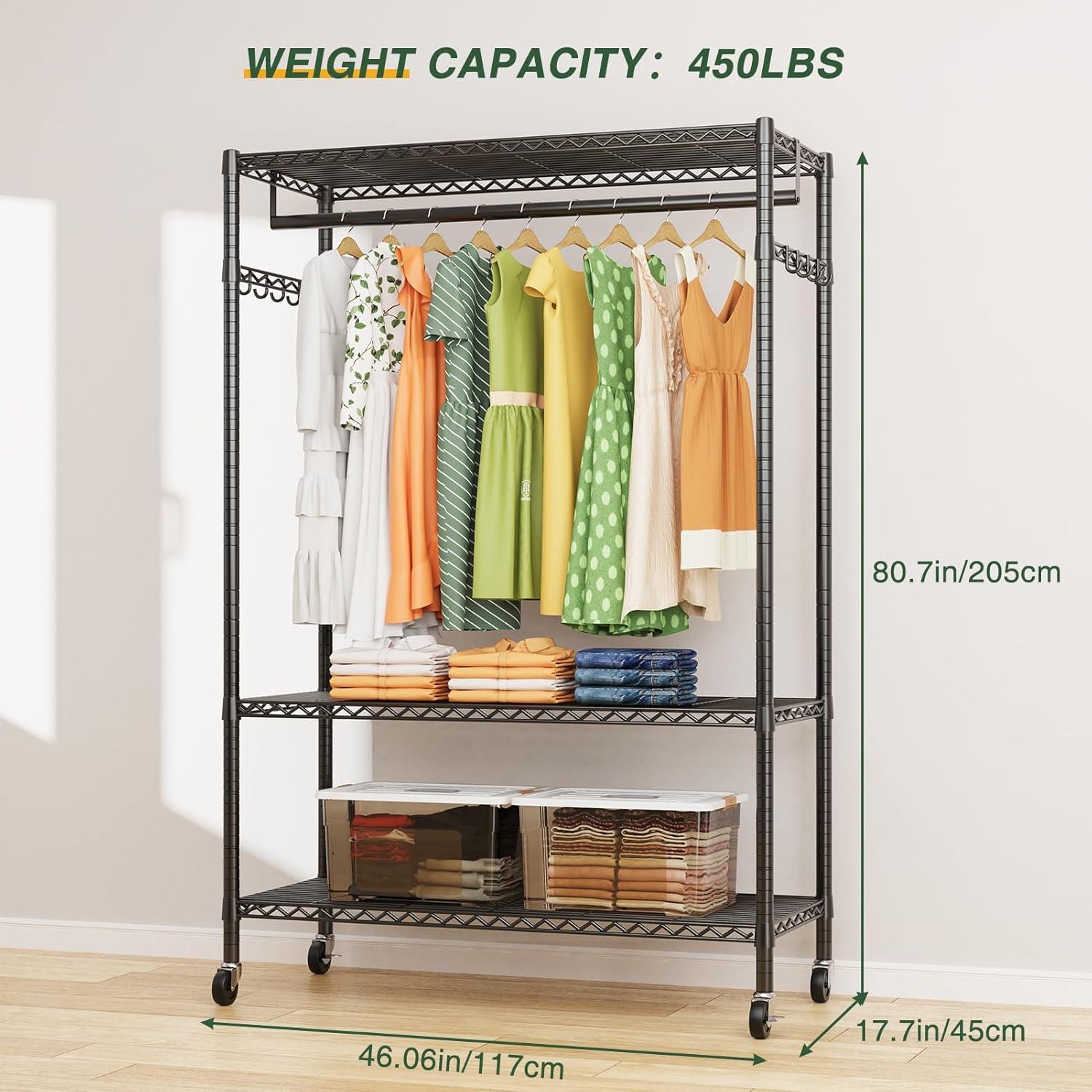 LEHOM G1L 3 Tiers Garment Rack with Storage Shelves, Heavy Duty Rolling Free-Standing Clothing Rack Closet Organizer with Double Rods/Lockable Wheels & 2 Pairs Side Hooks, Max Load 450 LBS, Black
