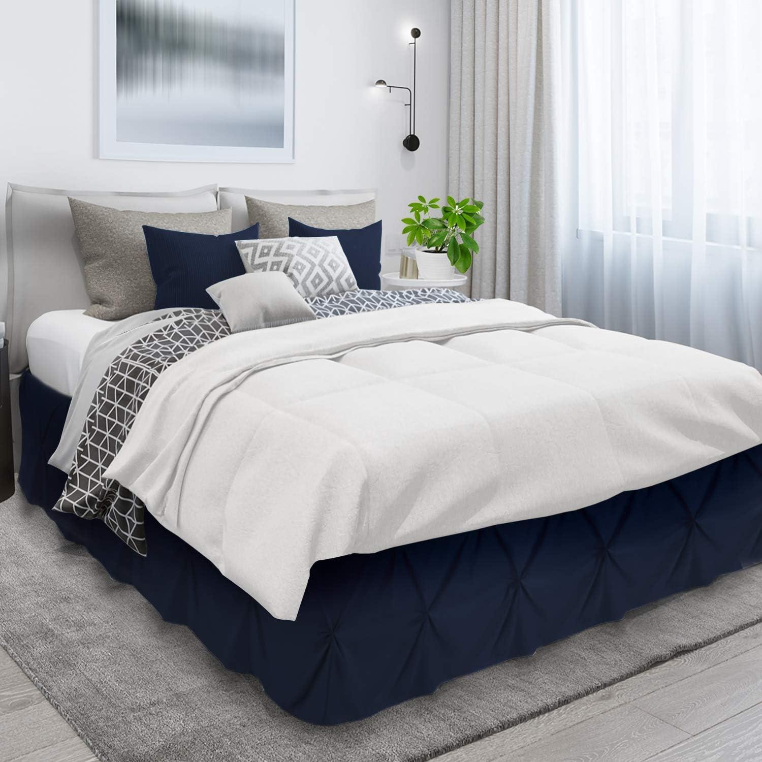 Navy Blue Pinch Pleat Queen Polyester Bed Skirt with 14" Drop