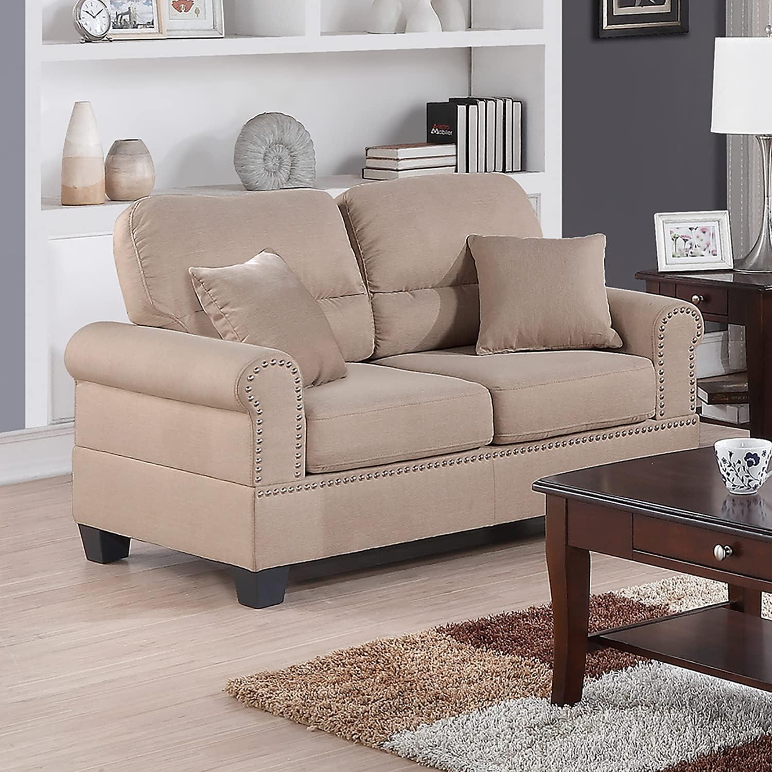 Poundex Furniture 2 Piece Fabric Sofa and Loveseat Set in Sand Tan Color