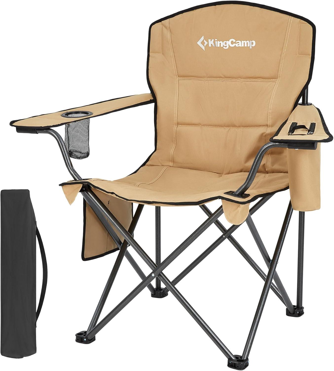 KingCamp Padded Portable Outdoor Folding Lounge Chairs with Built-In Cupholder, Insulated Cooler Sleeve, and Side Storage Pocket, Khaki (2 Pack)