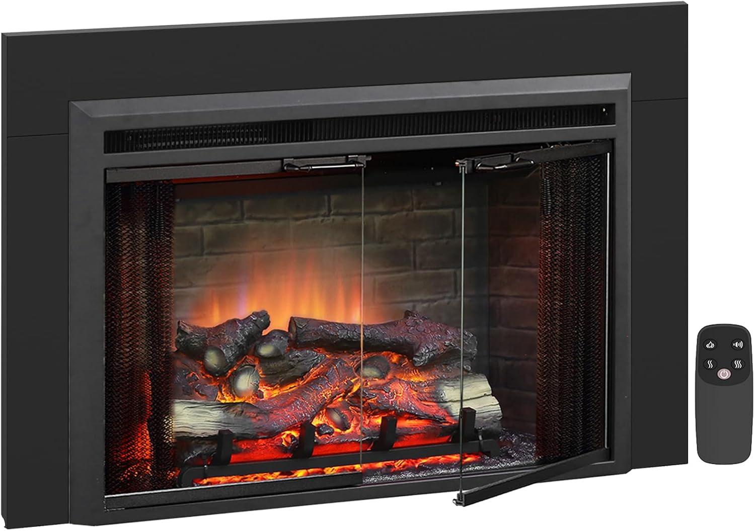 PuraFlame Black Electric Fireplace Insert with Glass Door and Mesh Screen