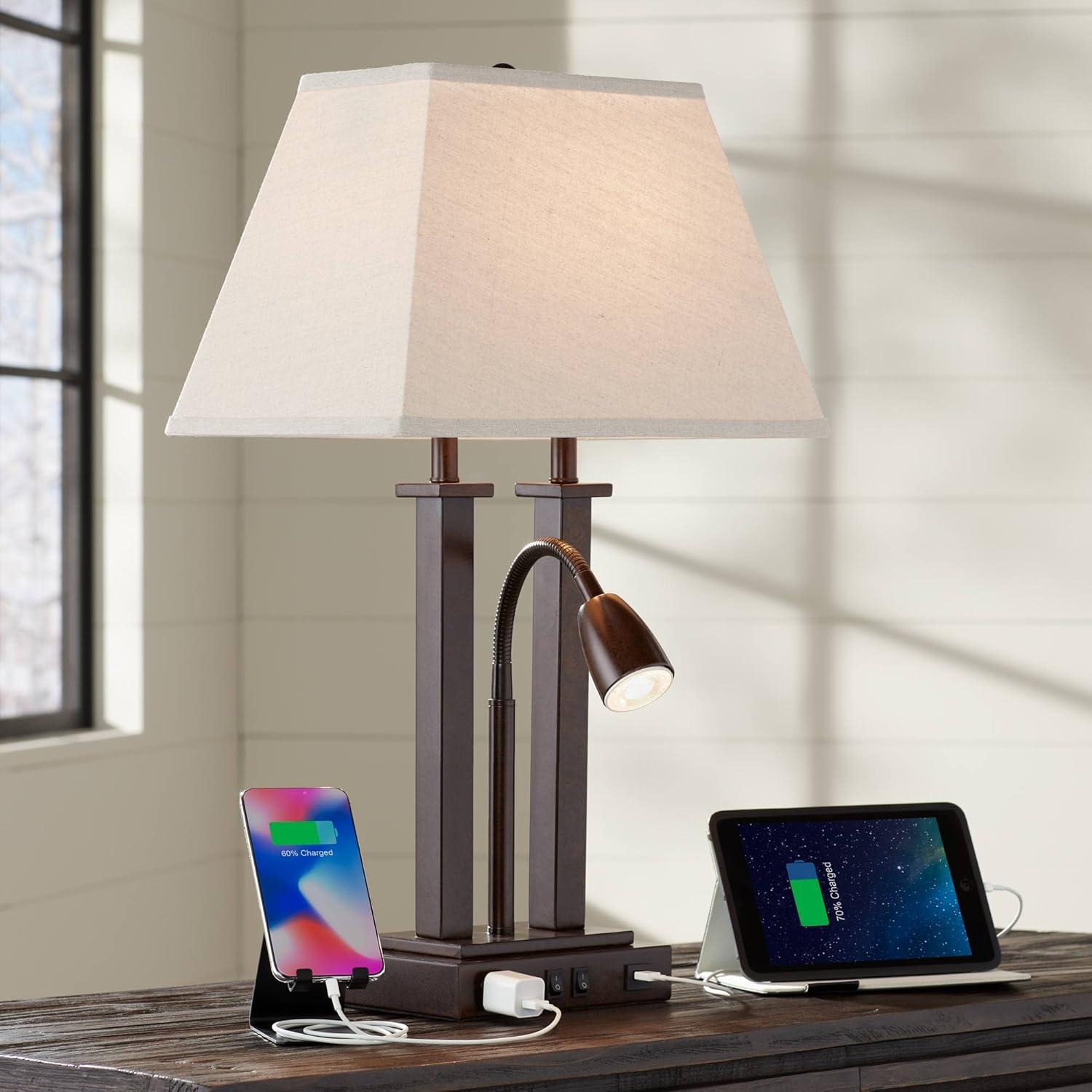 Bronze Adjustable Arc Desk Lamp with USB and Power Outlet