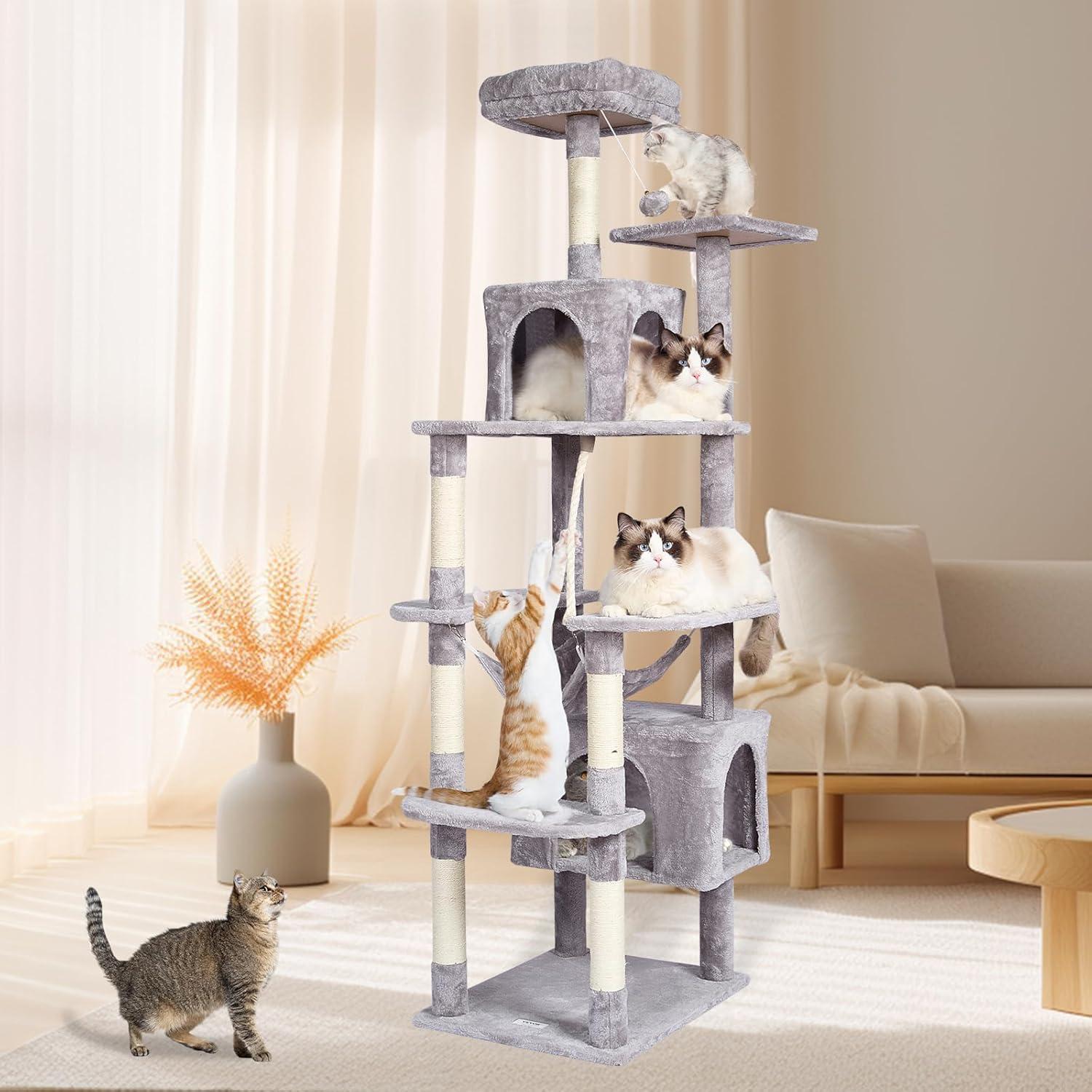 Light Grey 72" Cat Tower with Sisal Scratching Posts and Condos