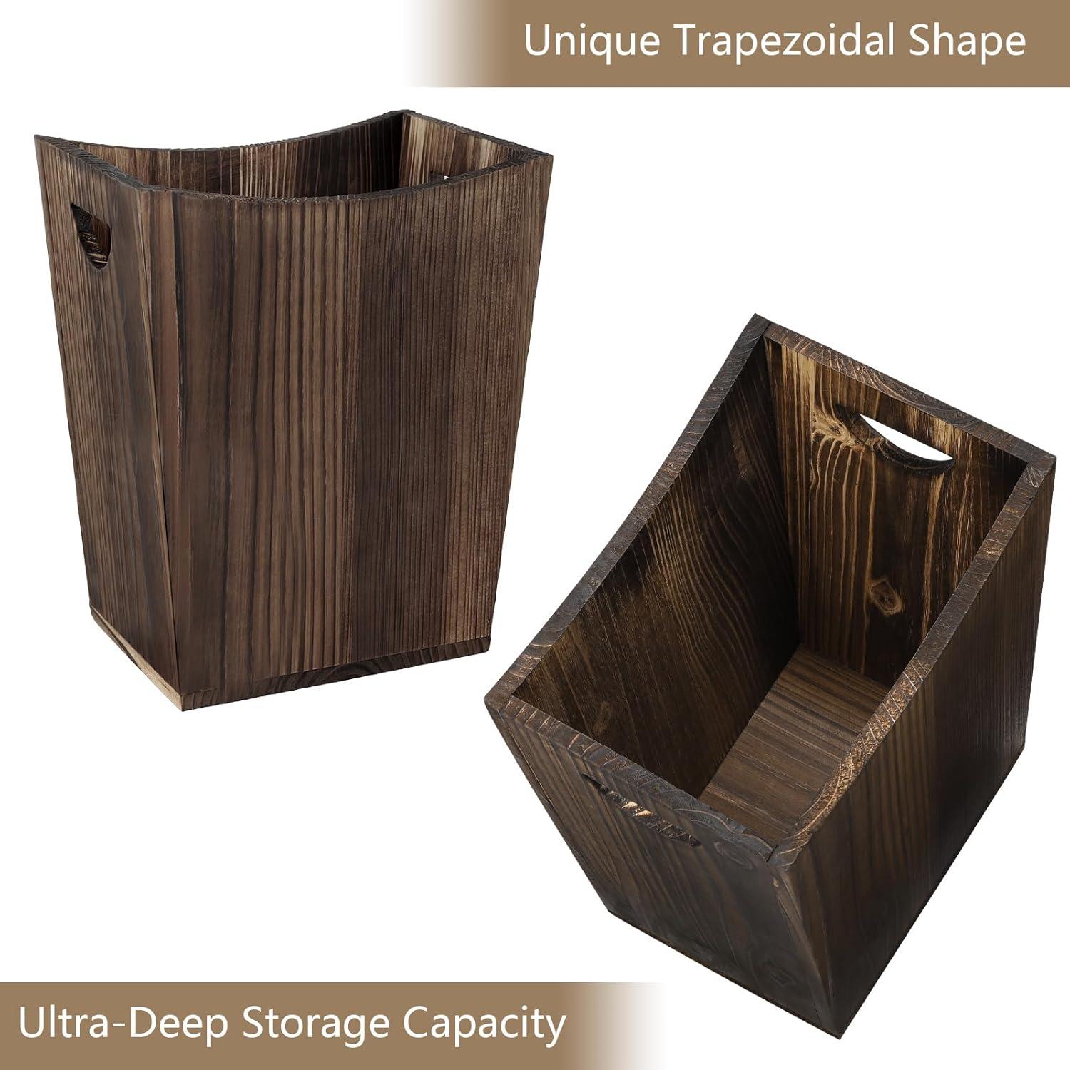 Rustic Brown Wood Rectangular Wastebasket with Handles