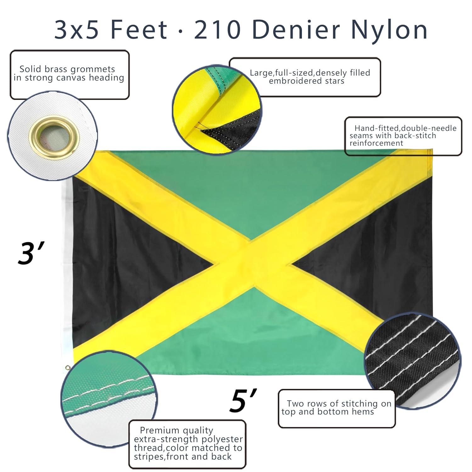 Anley EverStrong Series Embroideried Jamaica Flag 3x5 Foot Heavy Duty - Jamaican National Banner Flags