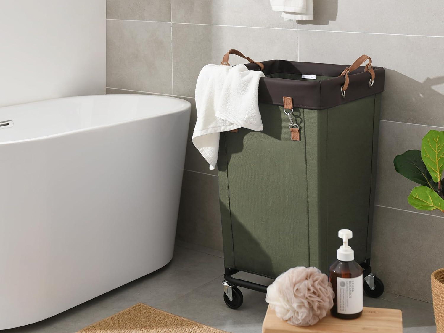 Green Collapsible Laundry Hamper with Wheels and Leather Handles