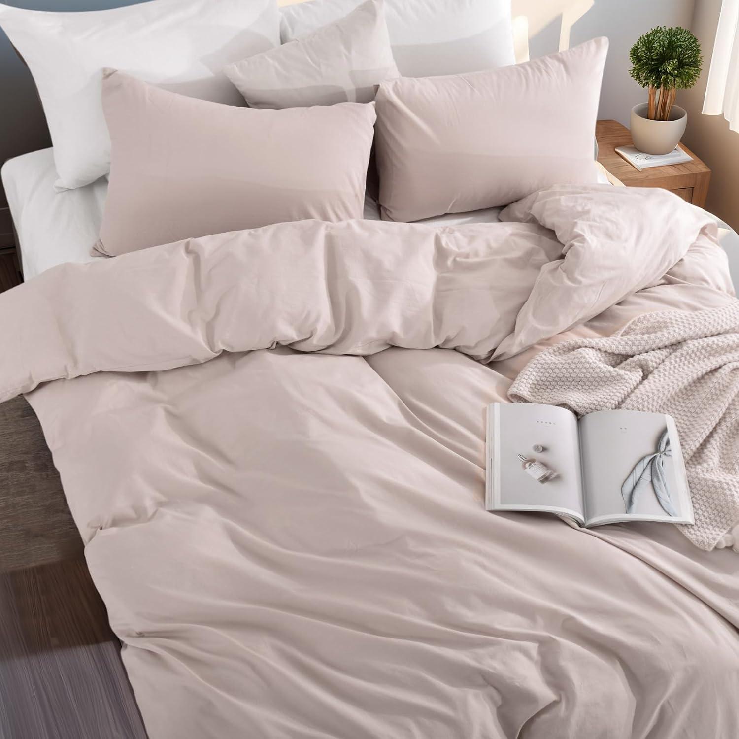 NEXHOME PRO Duvet Cover Set 100% Washed Cotton Oversized Queen 98"x98", Organic Natural Linen Look Textured 3 Pieces Bedding Set Apricot Yellow with Zipper Closure, Breathable, Soft (No Comforter)