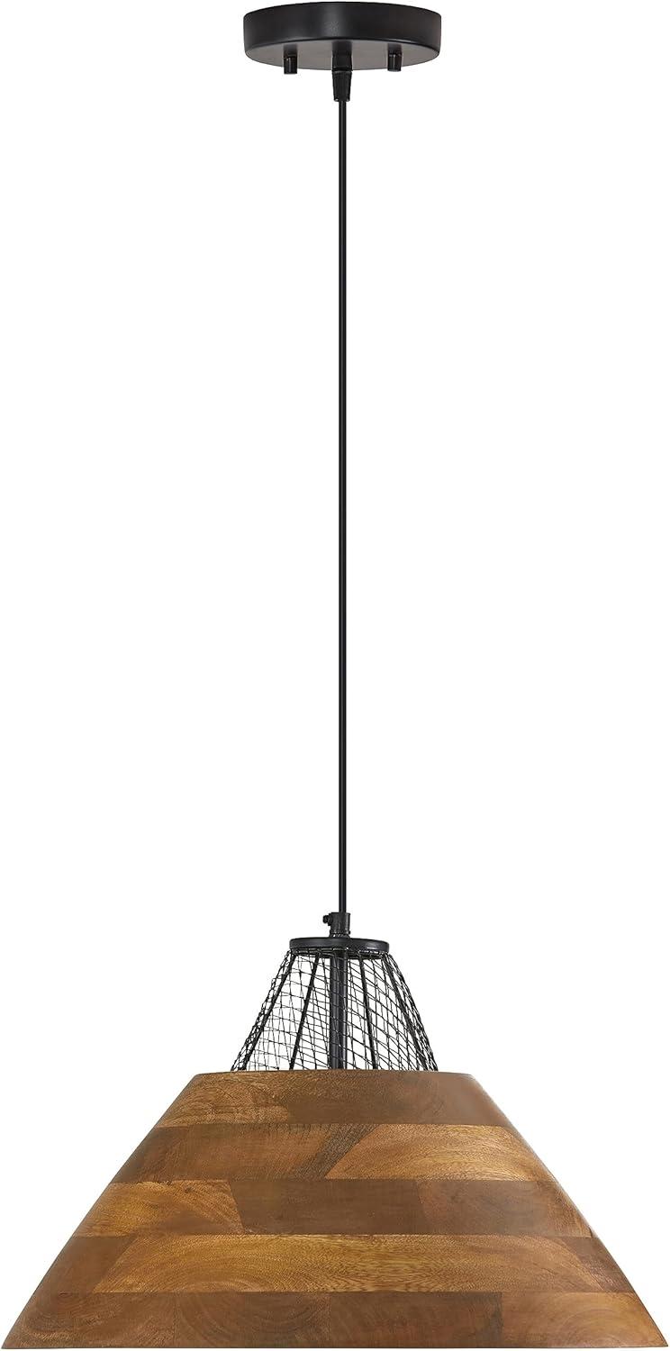 River of Goods 17.25" 1-Light Alainia Black Metal and Walnut-Stained Wood Pendant Light: Satin Finish, UL Listed, Adjustable Height