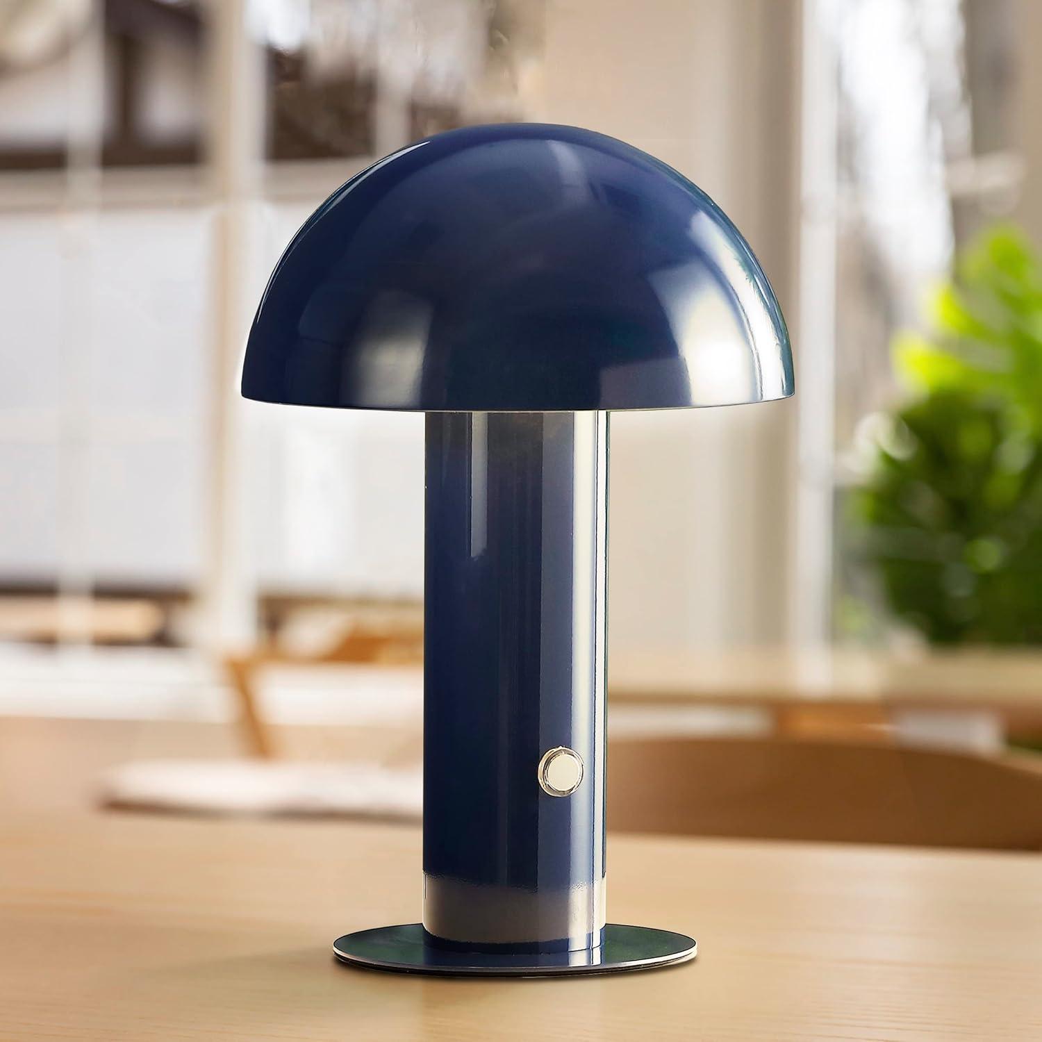 Boletus 10.75" Contemporary Bohemian Rechargeable/Cordless Iron Integrated Portable LED Mushroom Table Lamp, Navy