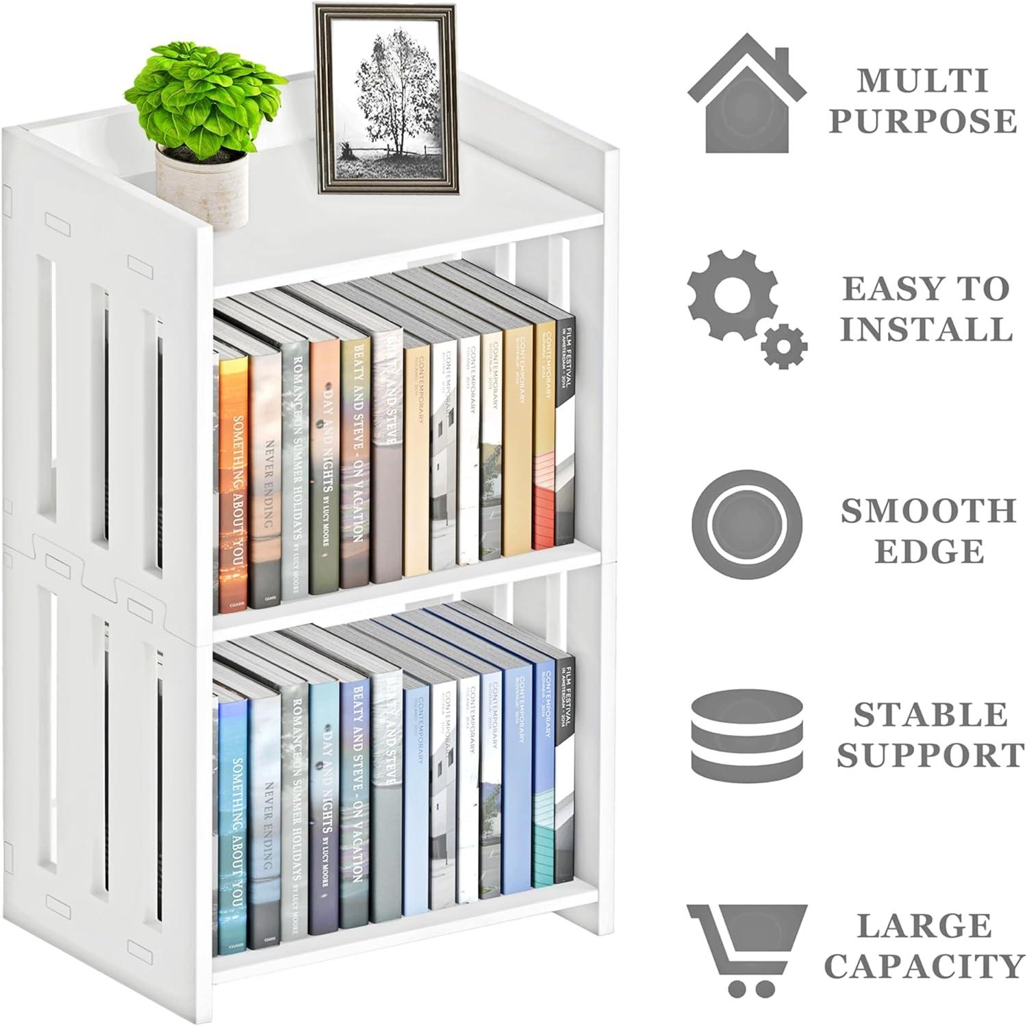 Bookshelf, Bookcase for Small Spaces, 3 Tier White Book Organizer Storage Display Rack for Kids Room, Living Room, Office, Bedroom and Bathroom