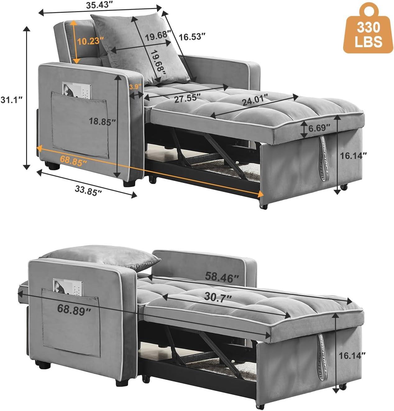 Muumblus Sleeper Sofa Chair Bed, 3-in-1 Convertible Sofa Chair, Modern Adult Velvet Chaise Lounge for Living Room, Gray