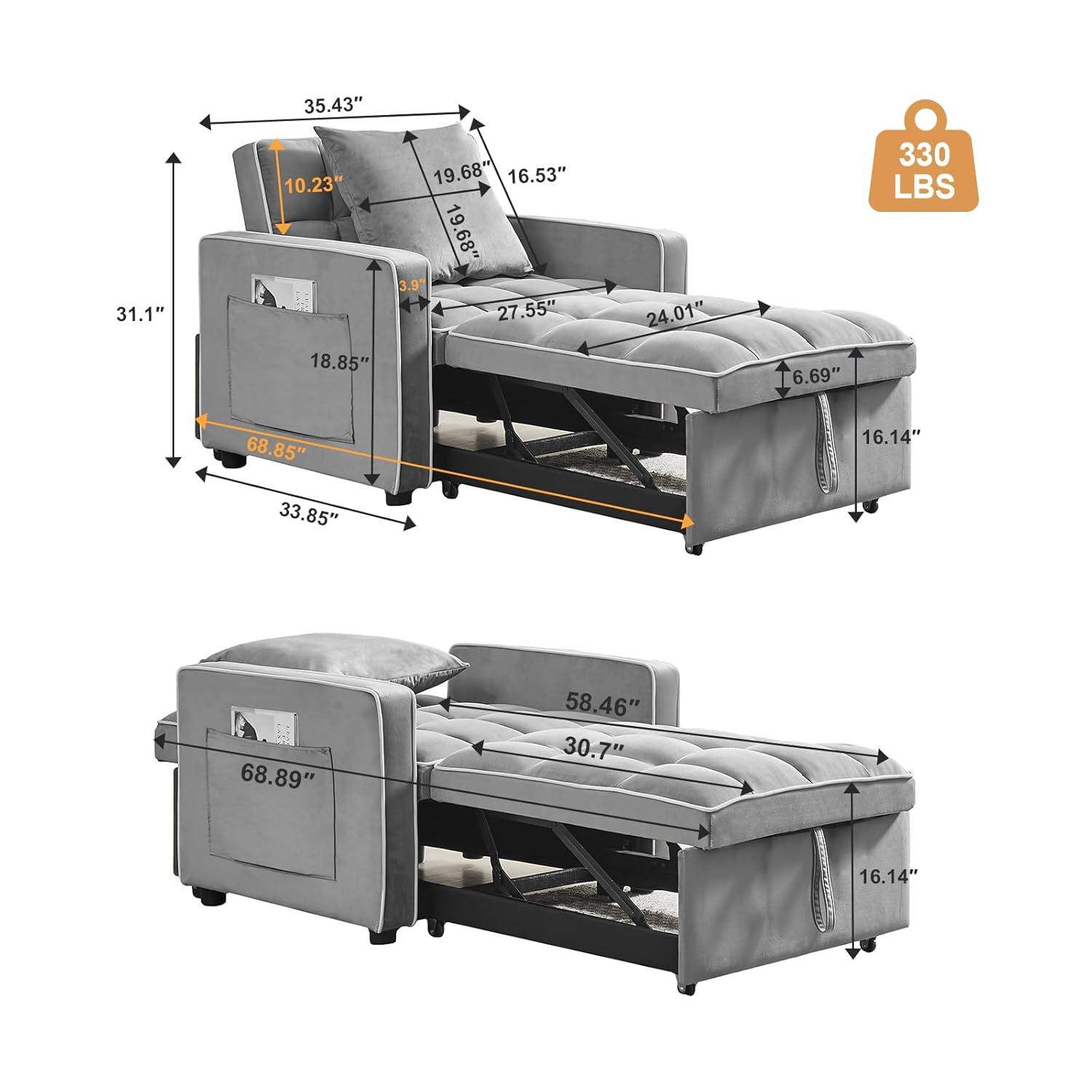 Muumblus Sleeper Sofa Chair Bed, 3-in-1 Convertible Sofa Chair, Modern Adult Velvet Chaise Lounge for Living Room, Gray