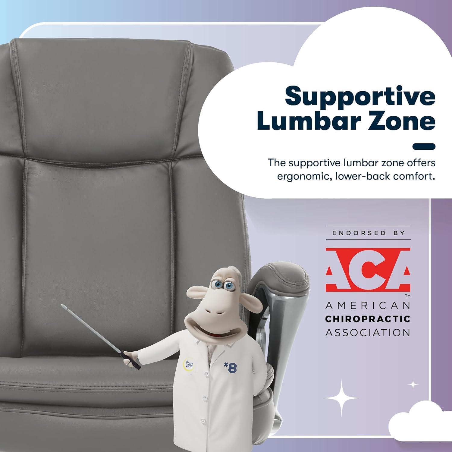 Big and Tall Executive Office Chair Opportunity Gray - Serta: Heavy-Duty, Ergonomic with Lumbar Support, Fixed Arms