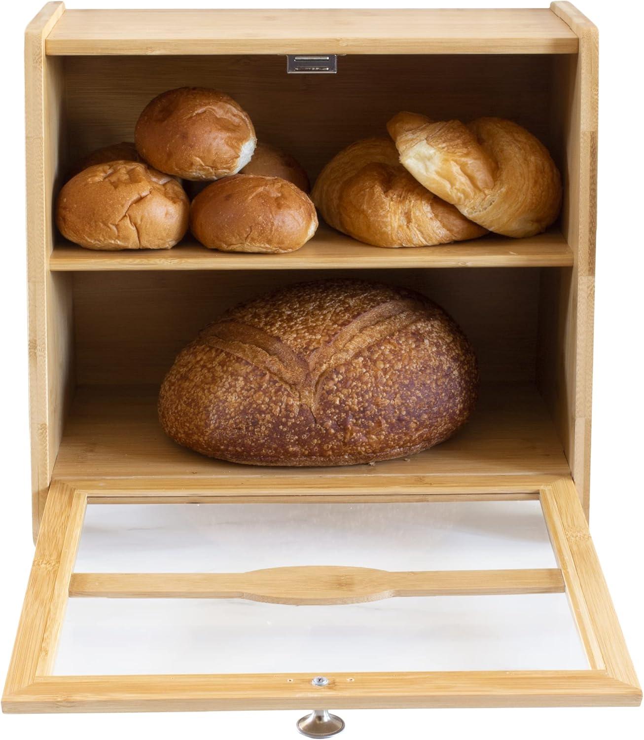 Double Layer Bamboo Farmhouse Bread Box with Window