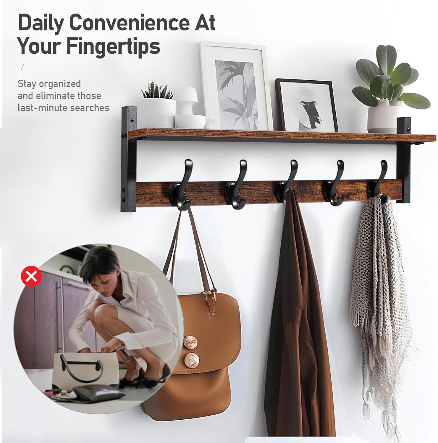 Rustic Brown and Black Wall Mounted Coat Rack with Shelf and 5 Hooks