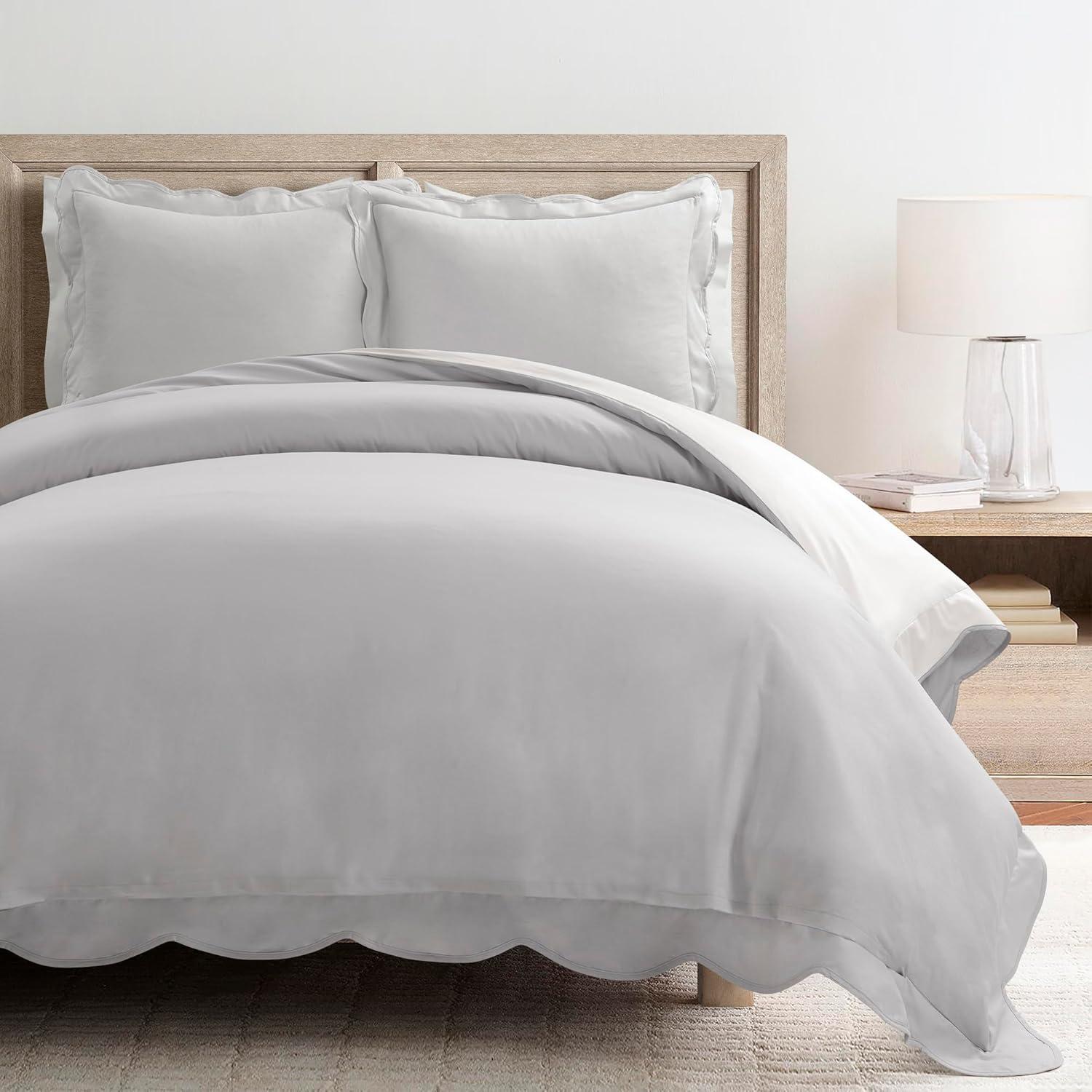 3pc Full/Queen Coastal Chic Scallop Edge Duvet Set Gray/White - Lush Décor