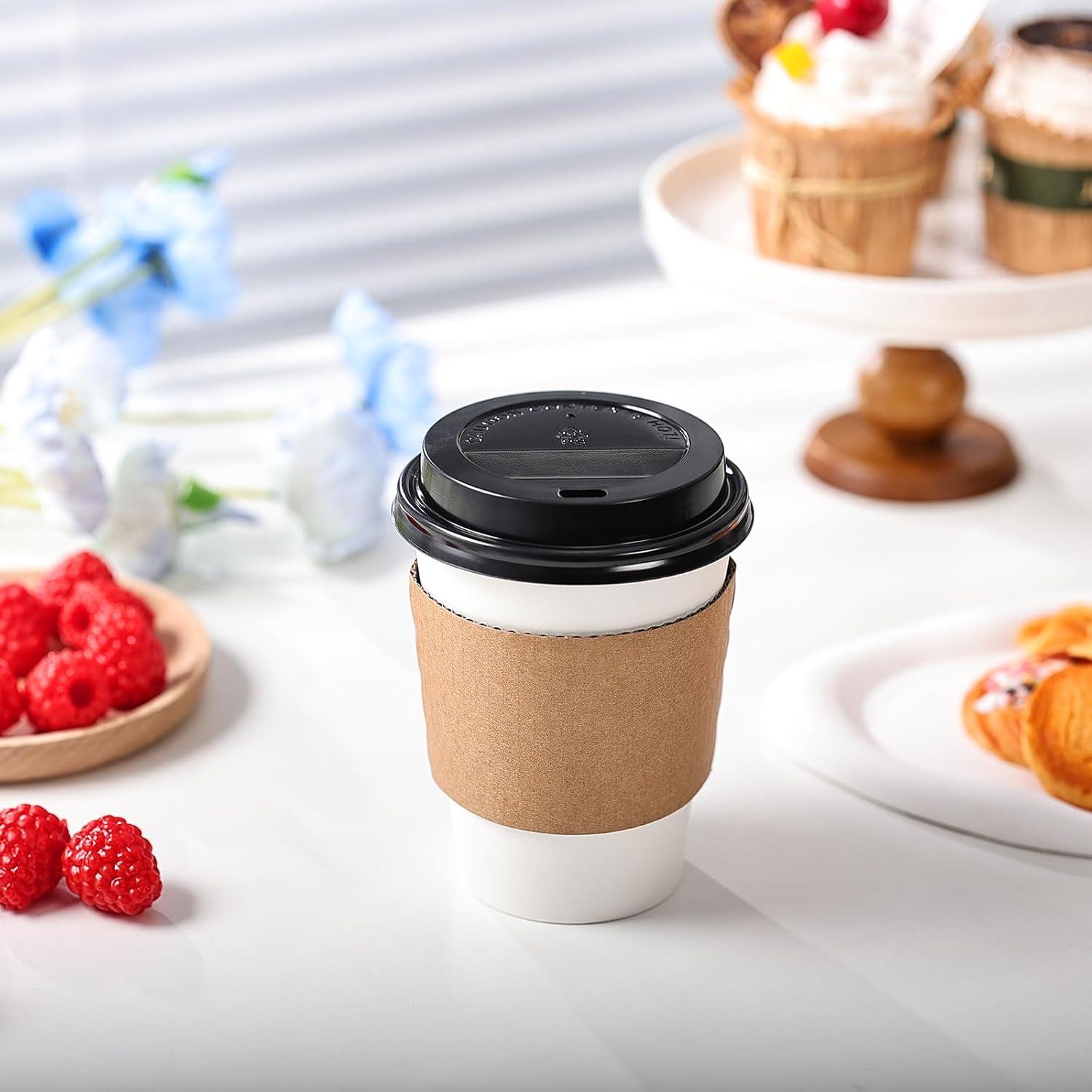 GUSTO 12 Oz Paper Cups Disposable Coffee Cups with Lids & Coffee Sleeves, 100 Sets