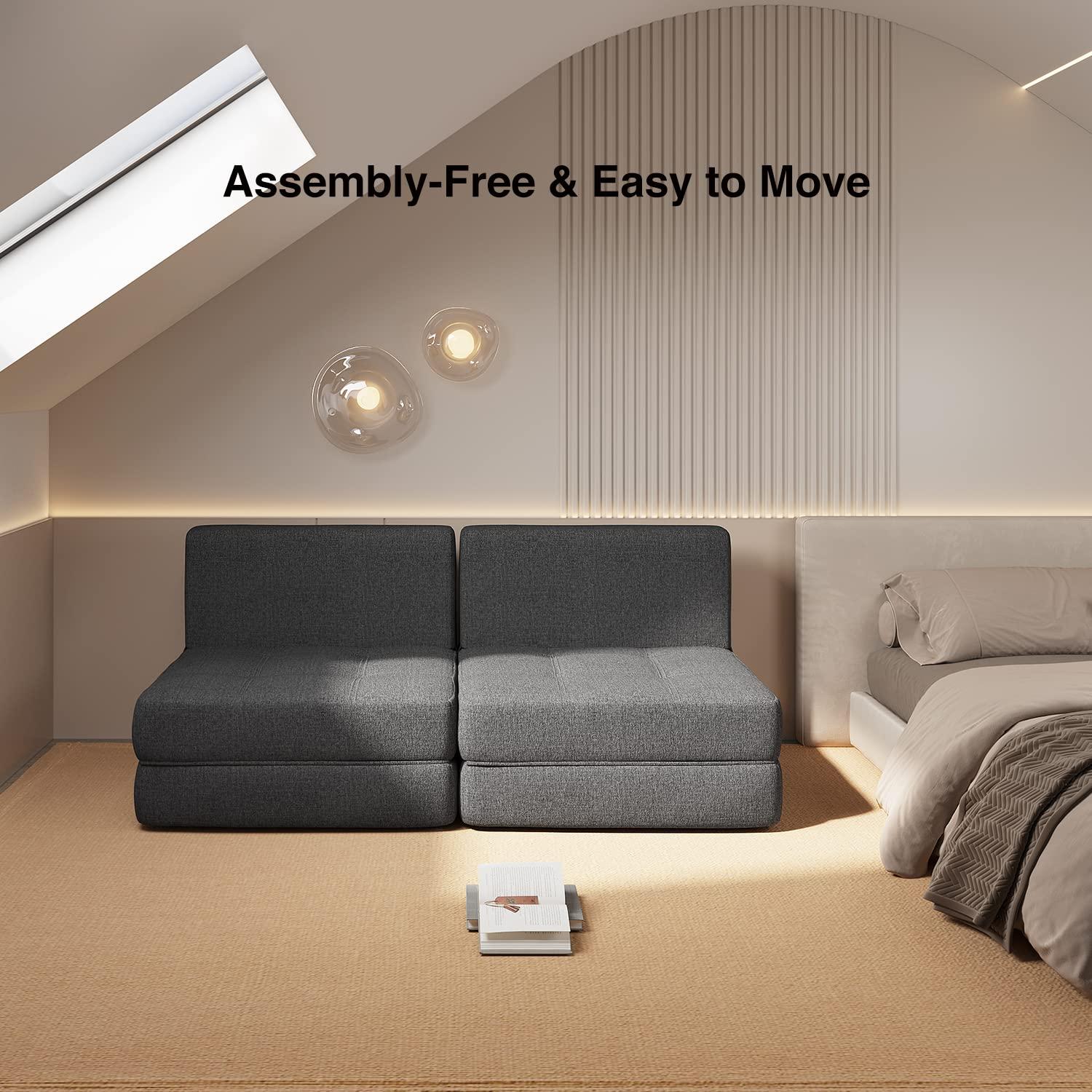 Aiho Sleeper Sofa Bed, Memory Foam Futon Sofa Bed, Convertible Chair Sleeper Floor Couch, Modern Linen Fabric Removable Cover, for Living Room/Apartment/Loft, Dark Grey