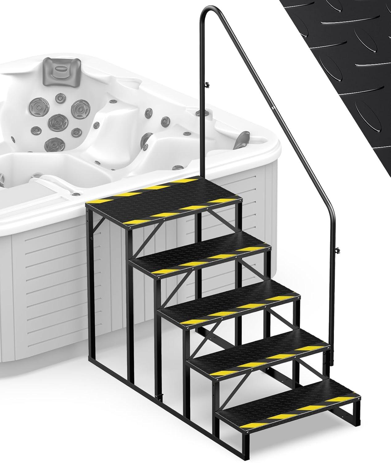 Tcbosik RV Steps with Handrail, 5 Steps Ladder Hot Tub Steps, Portable Stairs Step with Anti-Slip Panel, Heavy Duty Metal Mobile Home Stairs for Outdoor RV Step, Camper Trailer, Black