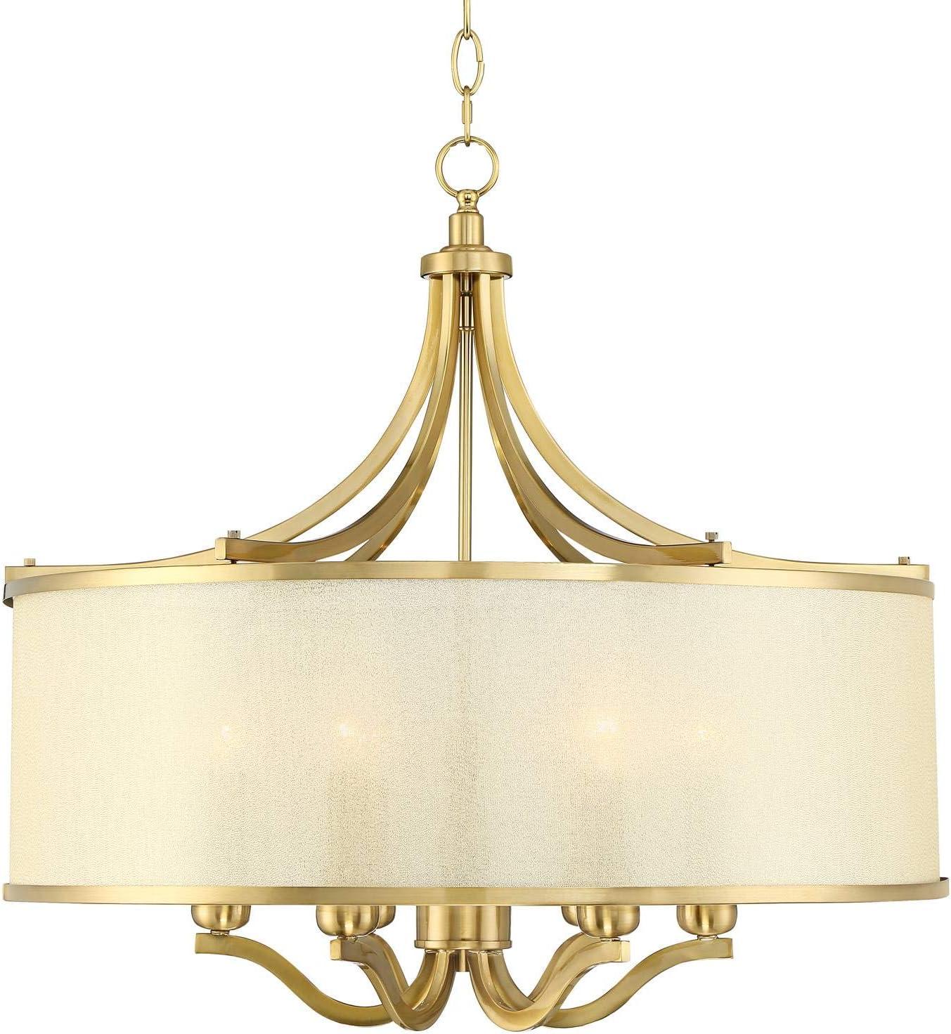 Possini Euro Design Sydney Warm Brass Drum Chandelier 25" Wide Modern Clear Gold Organza Shade 6-Light Fixture for Dining Room House Kitchen Island