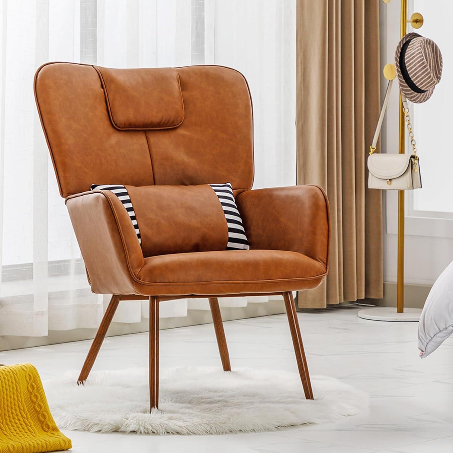 Faux Leather Wingback Chair, Arm Chair, Upholstered Living Room Chairs, Brown Accent Chair, Accent Chairs for Living Room, Bedroom, Office and Study