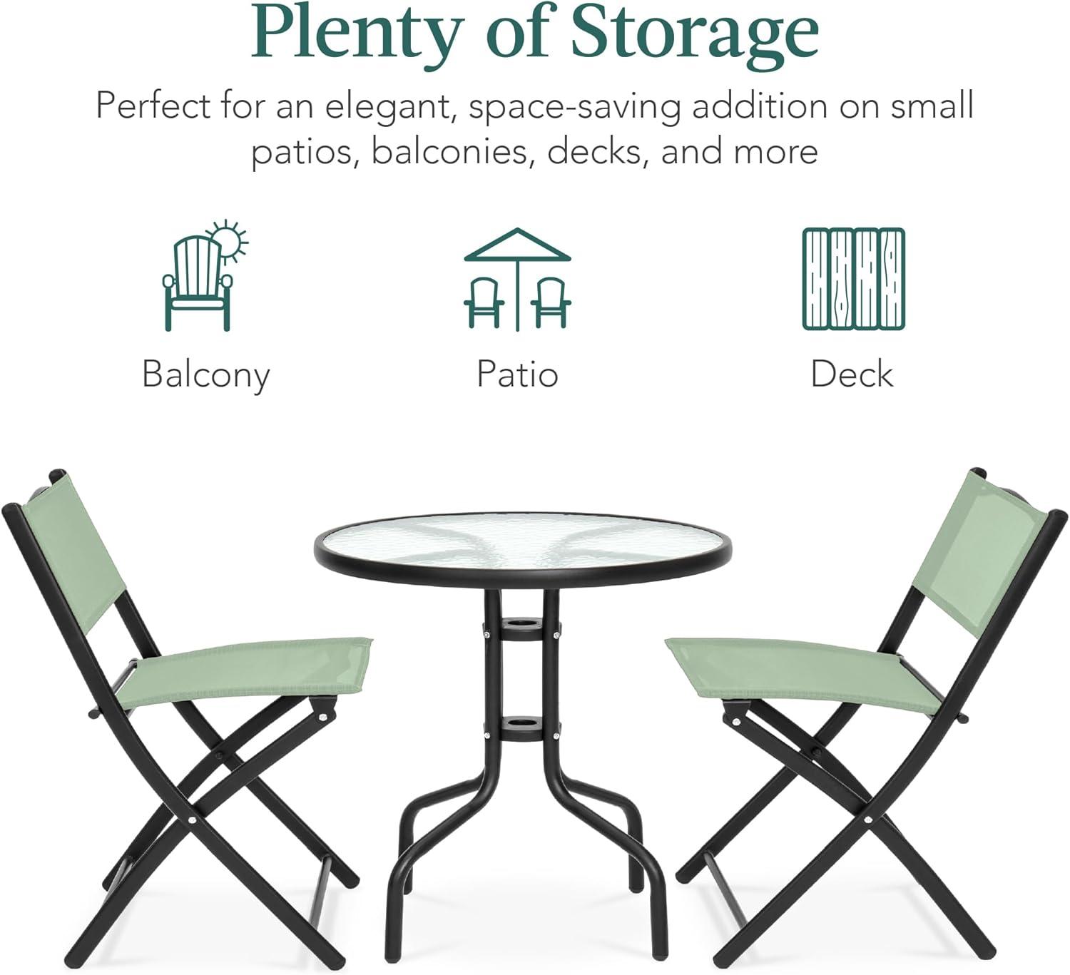 George Oliver 3-Piece Patio Bistro Dining Furniture Set W/ Glass Tabletop, Folding Chairs