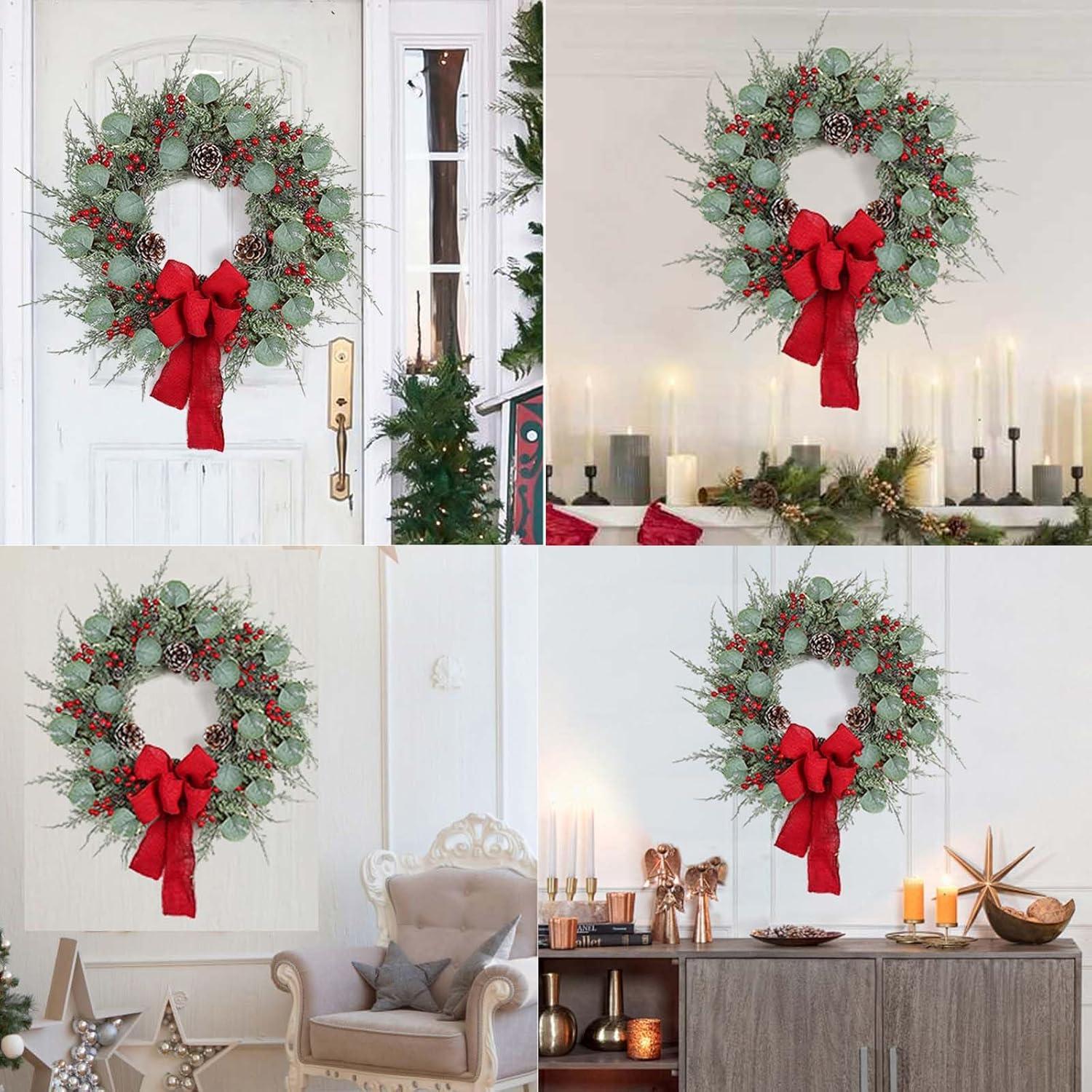 20 Inches Christmas Wreath,Artificial Christmas Wreaths For Front Door Christmas Grapevine Wreath With Pine Needles Pine Cones And Red Berries For Home Decor Christmas Winter Decorations