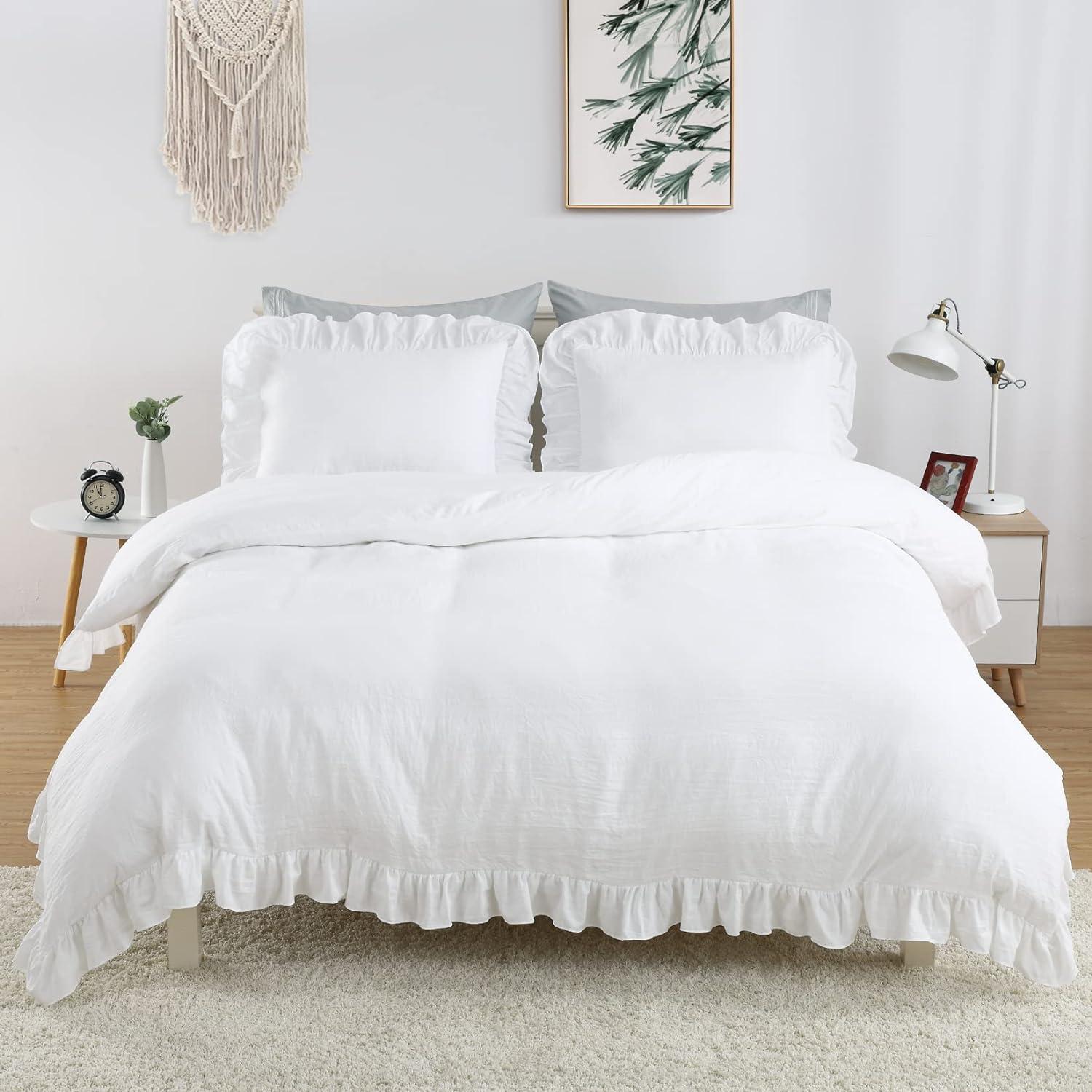 Haperlare 3Pcs Queen Size White Ruffle Duvet Cover Soft Washed Microfiber Vintage French Country Duvet Cover Set for Queen Bed, 90x90 in