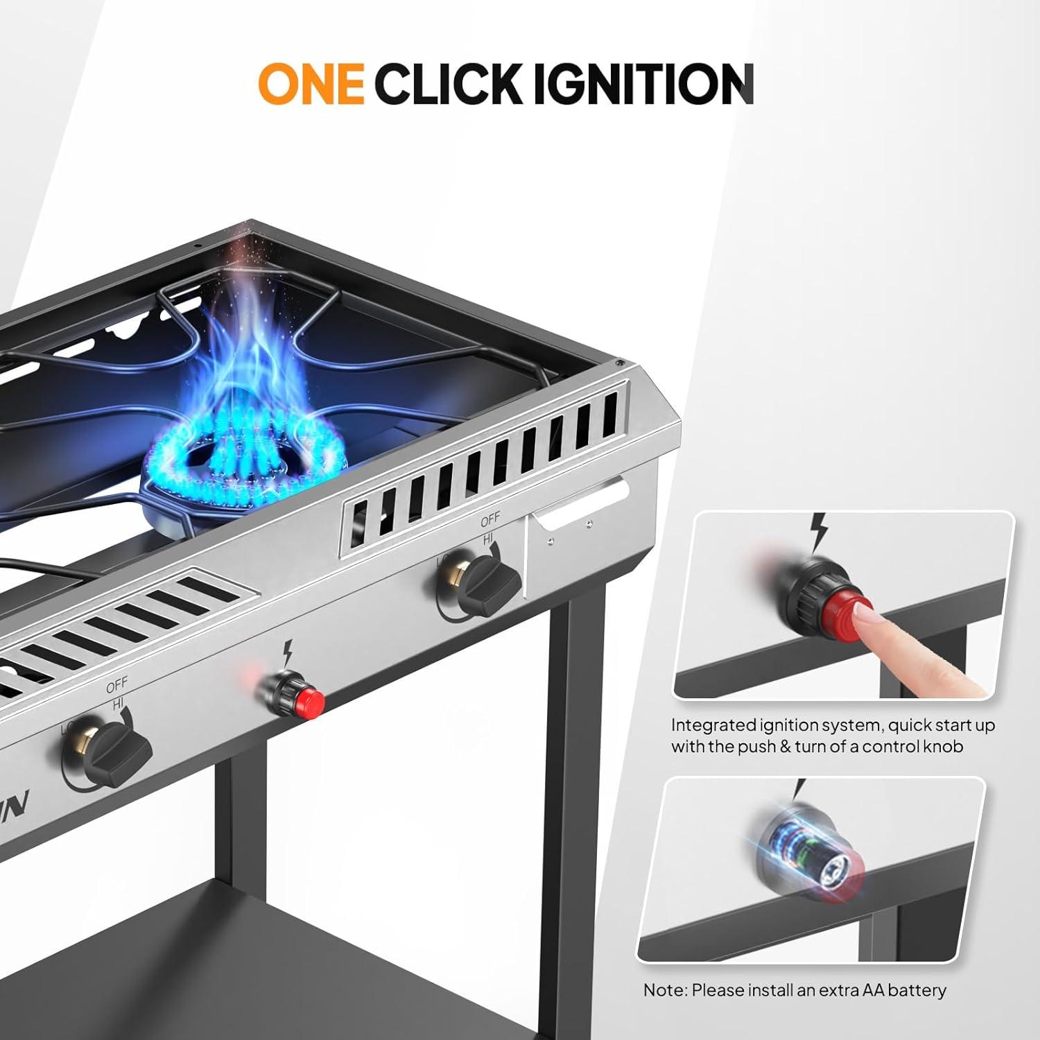 ROVSUN 2 Burner Outdoor Propane Gas Stove with Ignition, Regulator & Shelf, 150,000 BTU Powerful Cooker for Backyard Patio Cooking Home Canning Frying