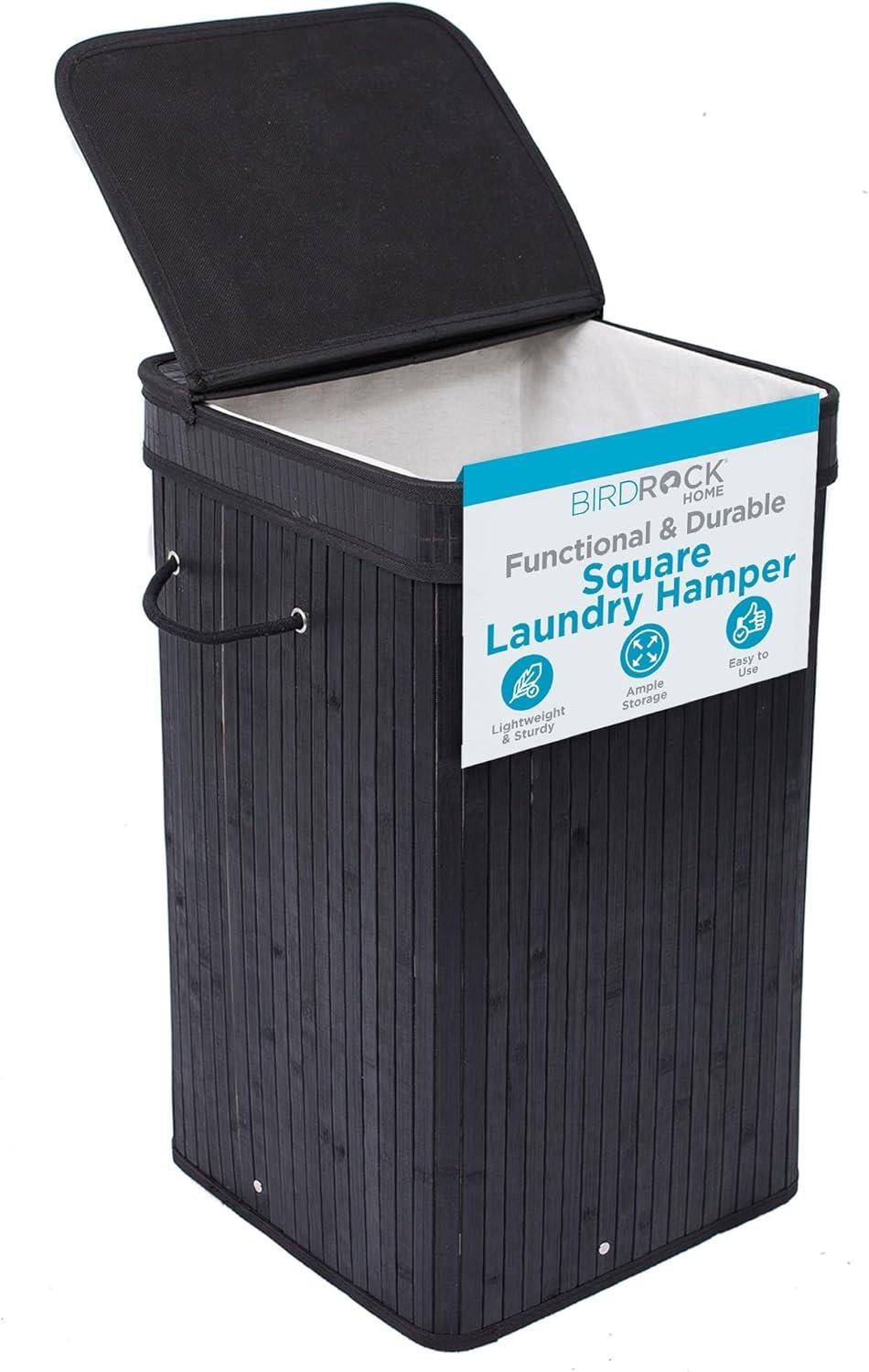 Square Laundry Hamper, Laundry Basket, Bamboo Collapsible Hamper with Lid, String and Cloth Liner for Bedroom, Living Room, Bathroom, Toilet, Hotel, Black