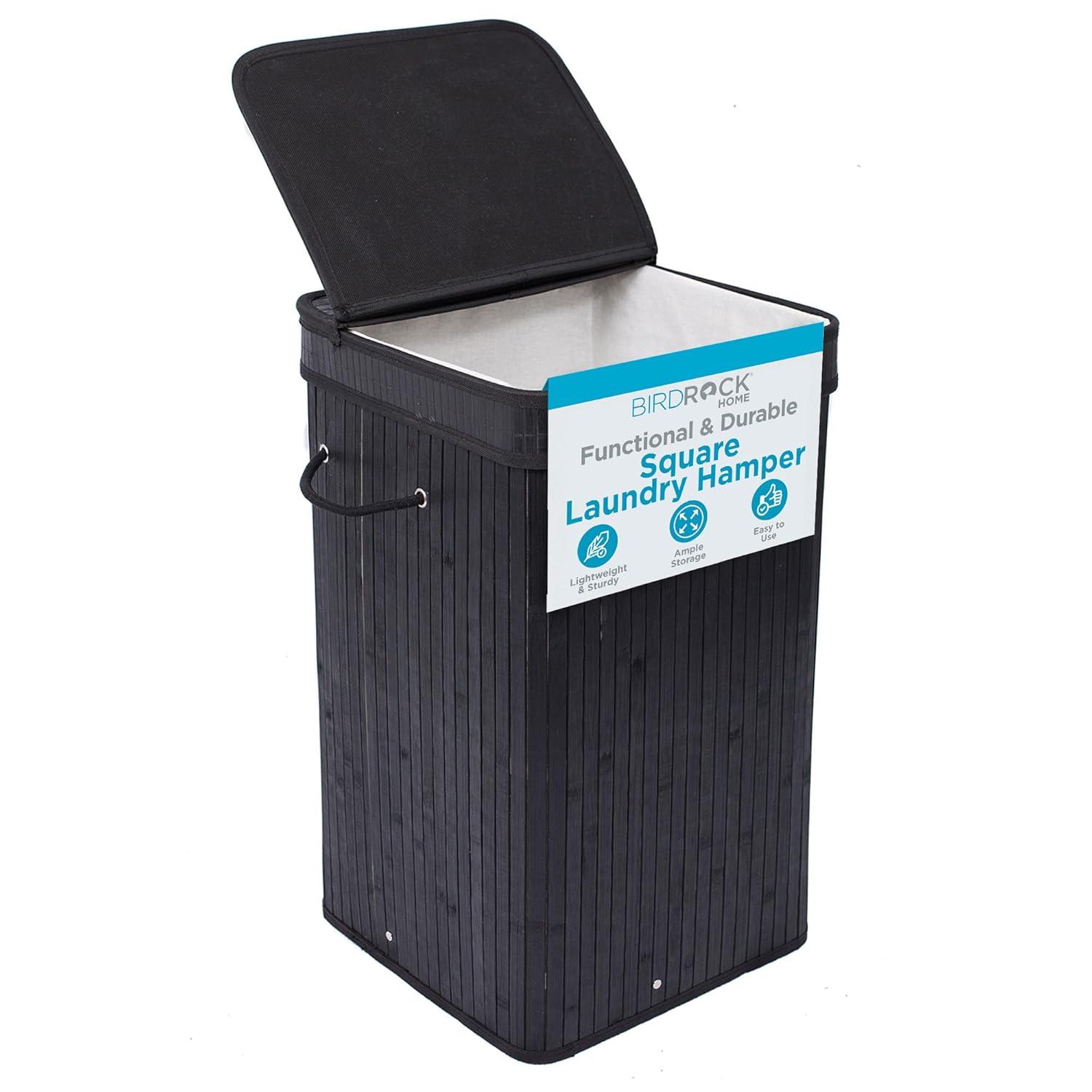 Square Laundry Hamper, Laundry Basket, Bamboo Collapsible Hamper with Lid, String and Cloth Liner for Bedroom, Living Room, Bathroom, Toilet, Hotel, Black