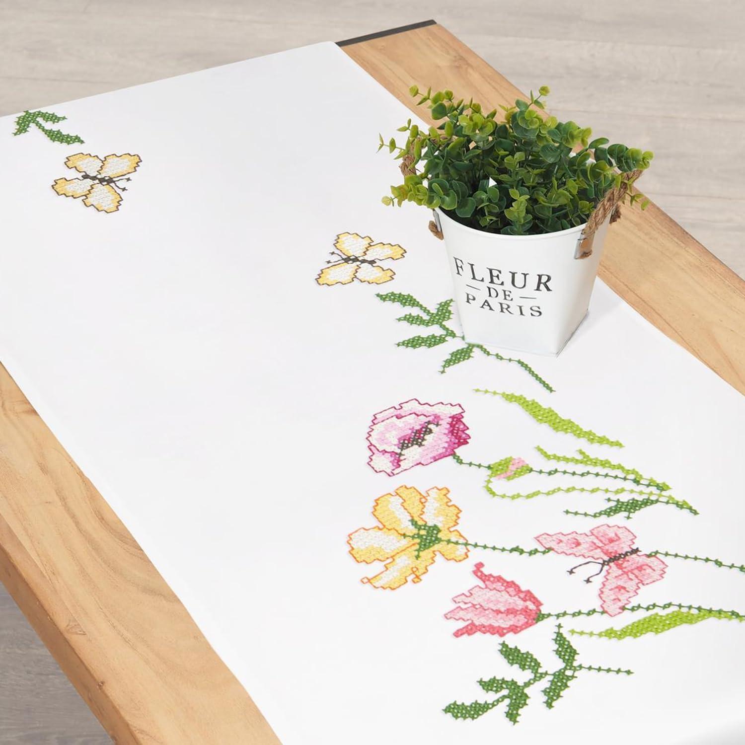 Leisure Arts Table Runner 15"X42" Tulips & Poppies, Kitchen Table Runner, Embroidery Kit, Kitchen Runner, Cross Stitch Kits For Beginners, Embroidery Patterns, Fabric