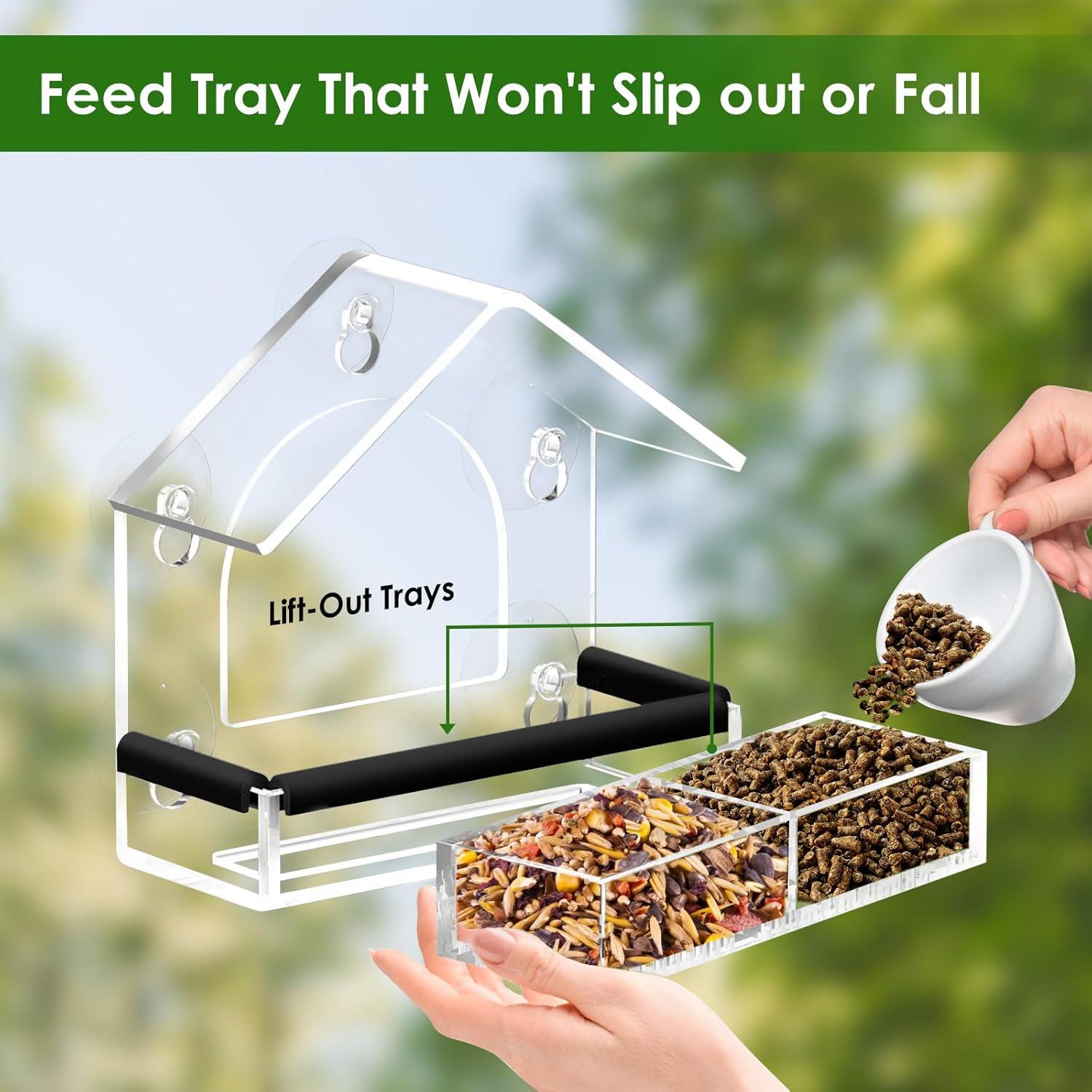 Clear Window Bird Feeder with 5 Extra Strong Suction Cups, DY-SKTY Sturdy and Durable Acrylic Birdfeeders for Viewing Wild Birds Outside, as a Bird Watching Gift, Outdoor Birdhouse Box, Garden Decor