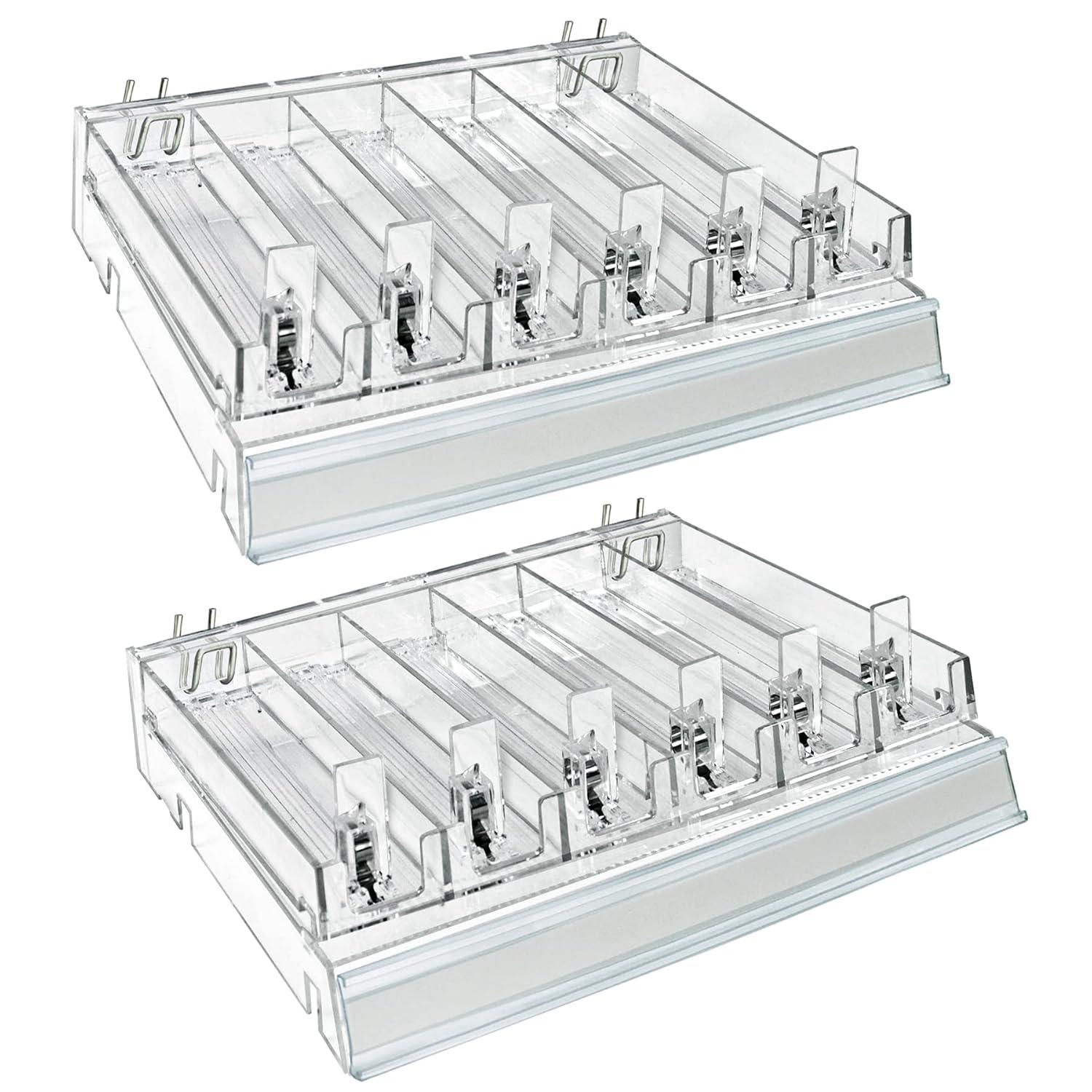 Azar Displays Clear 6 Compartment Divider Bin Cosmetic Tray with Pushers - 6 Slots per Tray, 2-Pack (Set of 2)