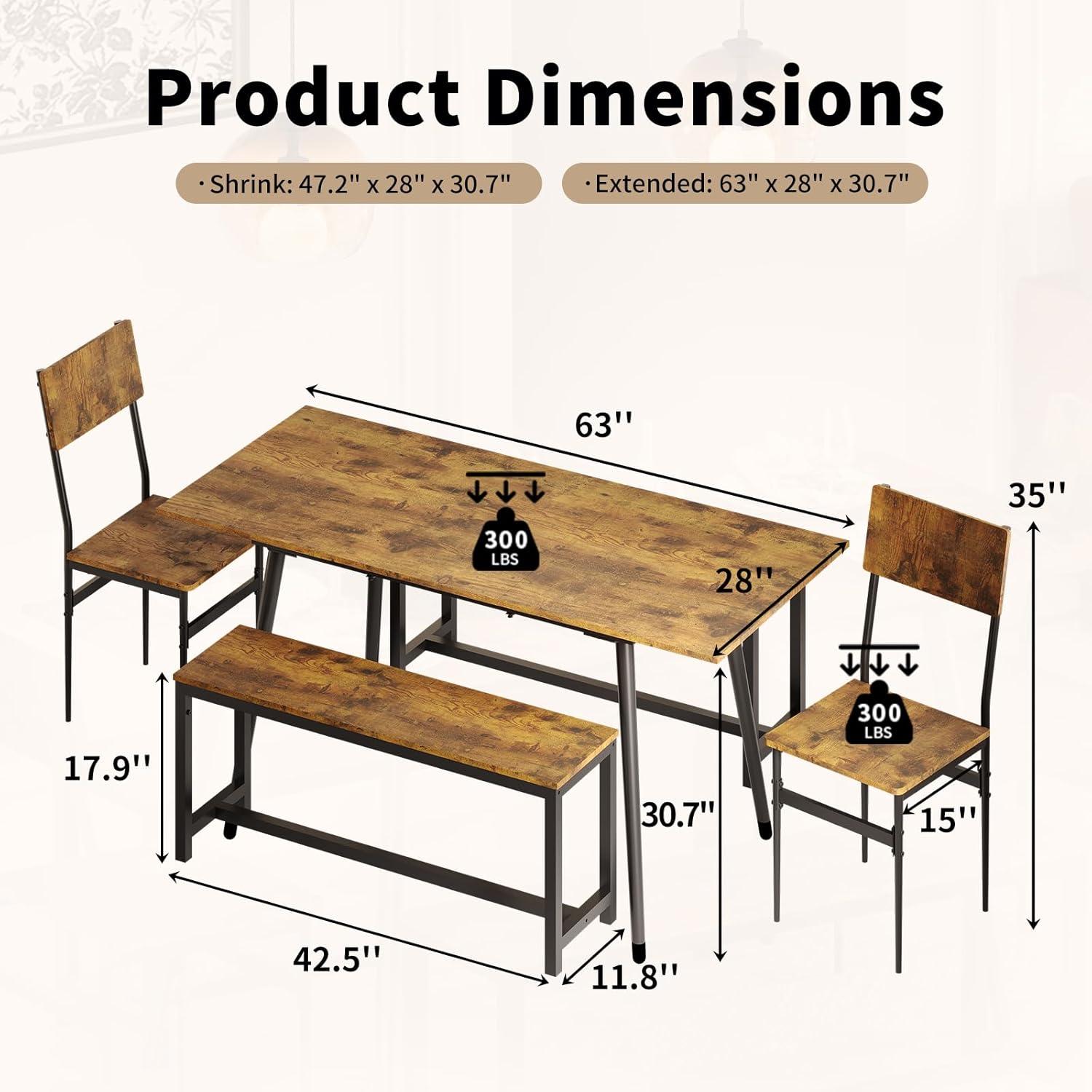 Linor 63" Extendable Dining Table Set for 4-6, 5-Piece Kitchen Table Set with 2 Chairs and 2 Benches, Dining Desk and Chairs for Home, Apartment, Rustic Brown