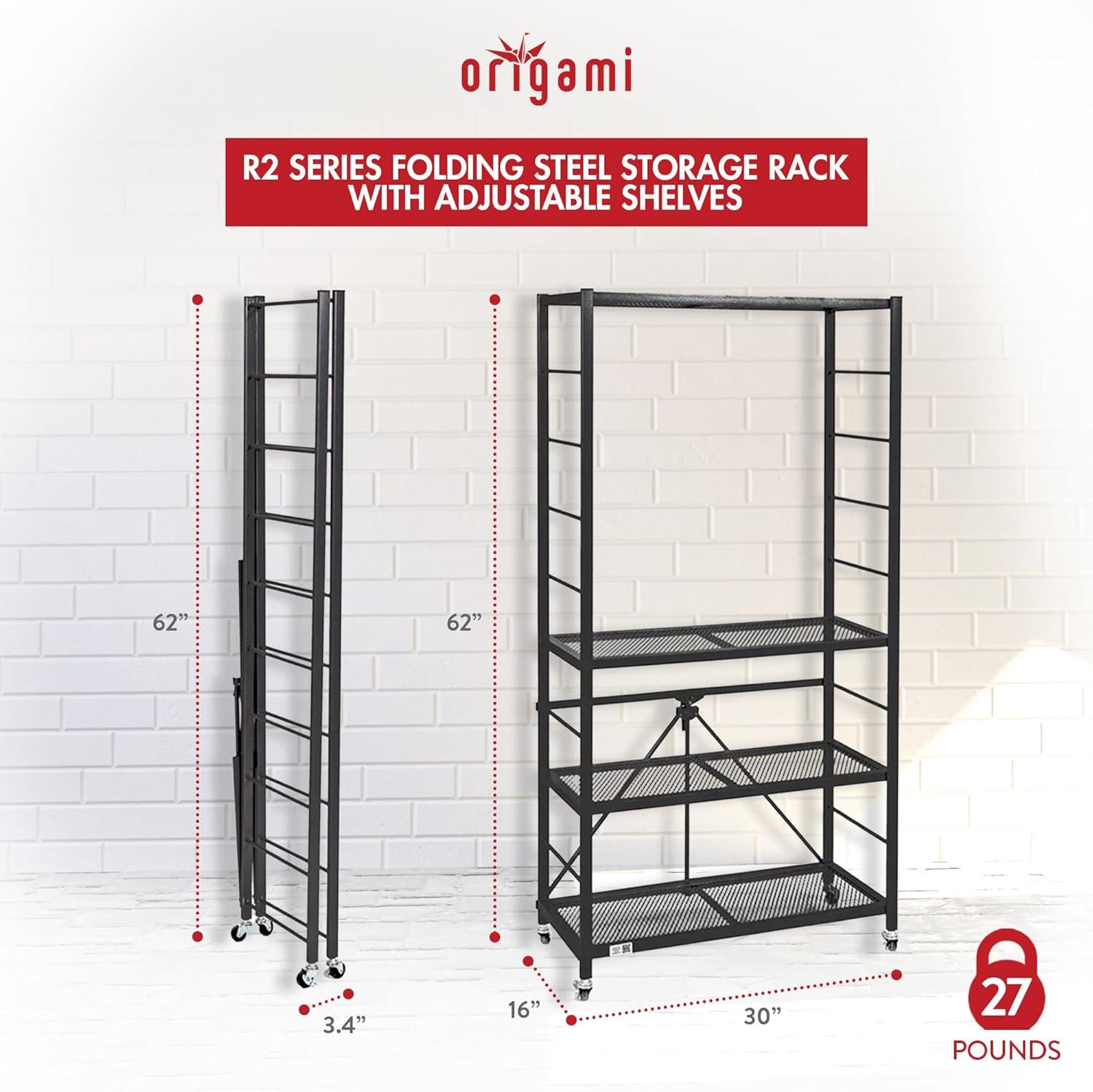 Origami R2 Series Folding Portable Heavy Duty Durable Powder Coated Steel Storage Rack with 10 Adjustable Shelves and Wheels, Black