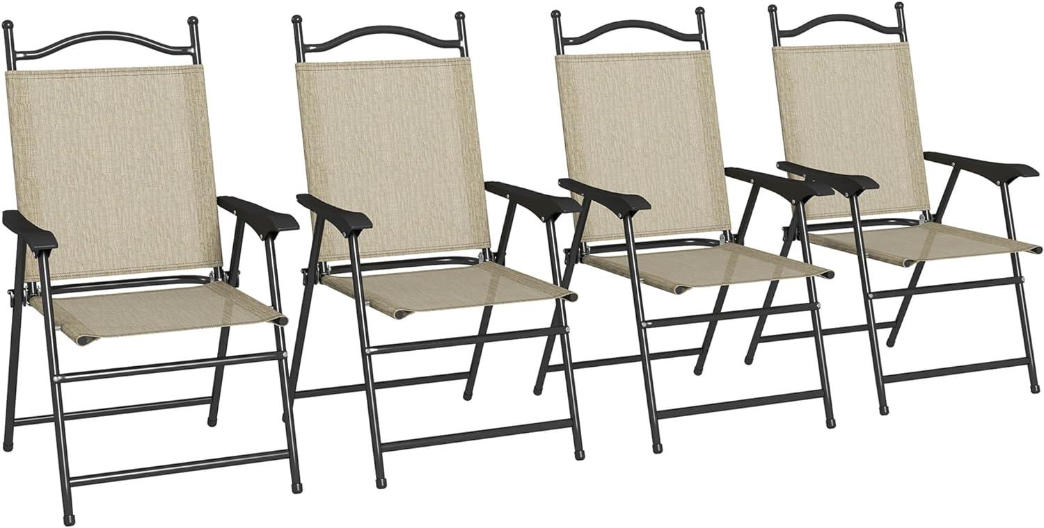 Beige Mesh Fabric Folding Camping Chairs with Armrests, Set of 4