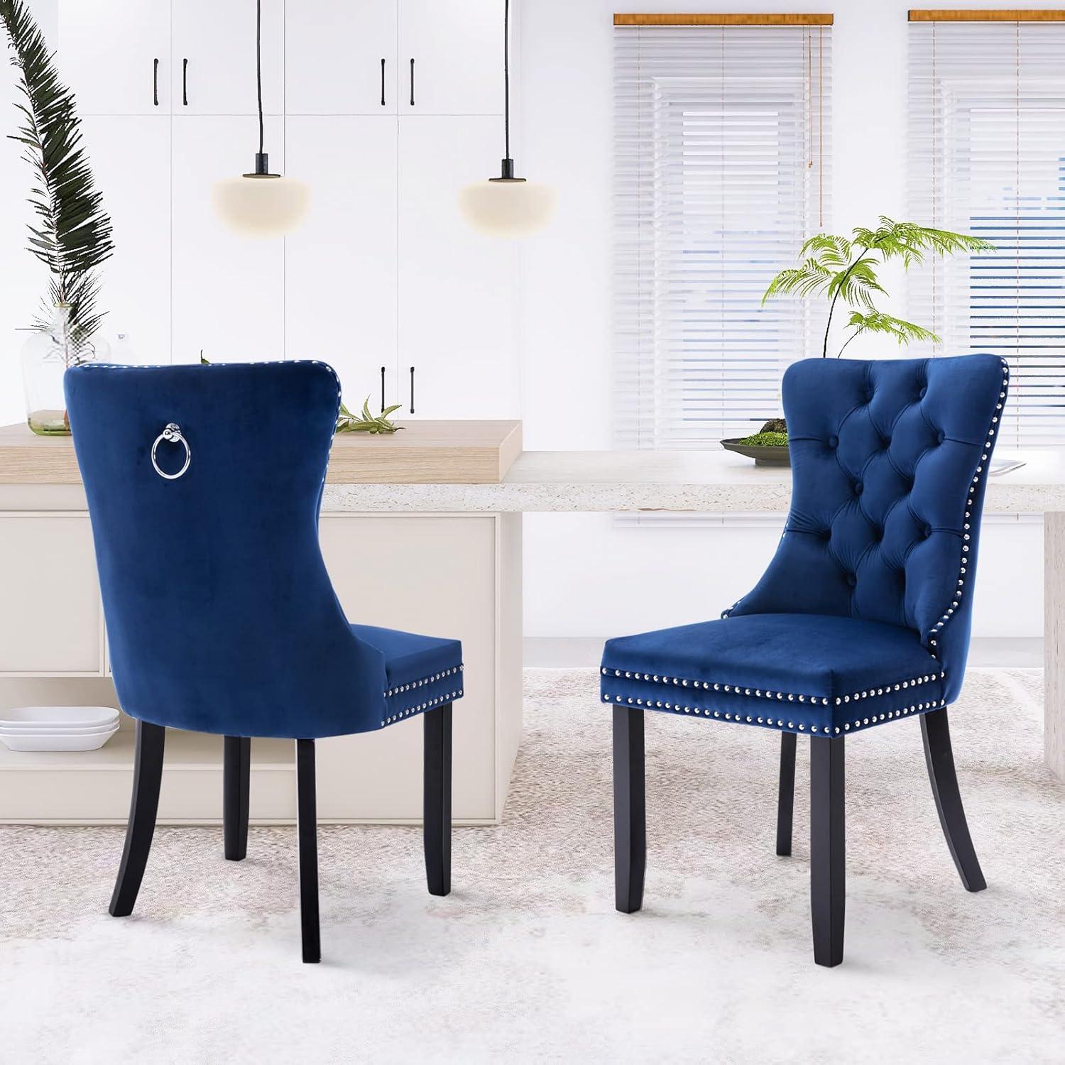 ODUSE-DAILY Velvet Dining Chairs Set of 2, Navy Kitchen & Dining Room Chairs, Tufted Dining Chairs, Fabric Upholstered, Solid Wood, Sillas De Comedor (Blue, 2 Pcs)