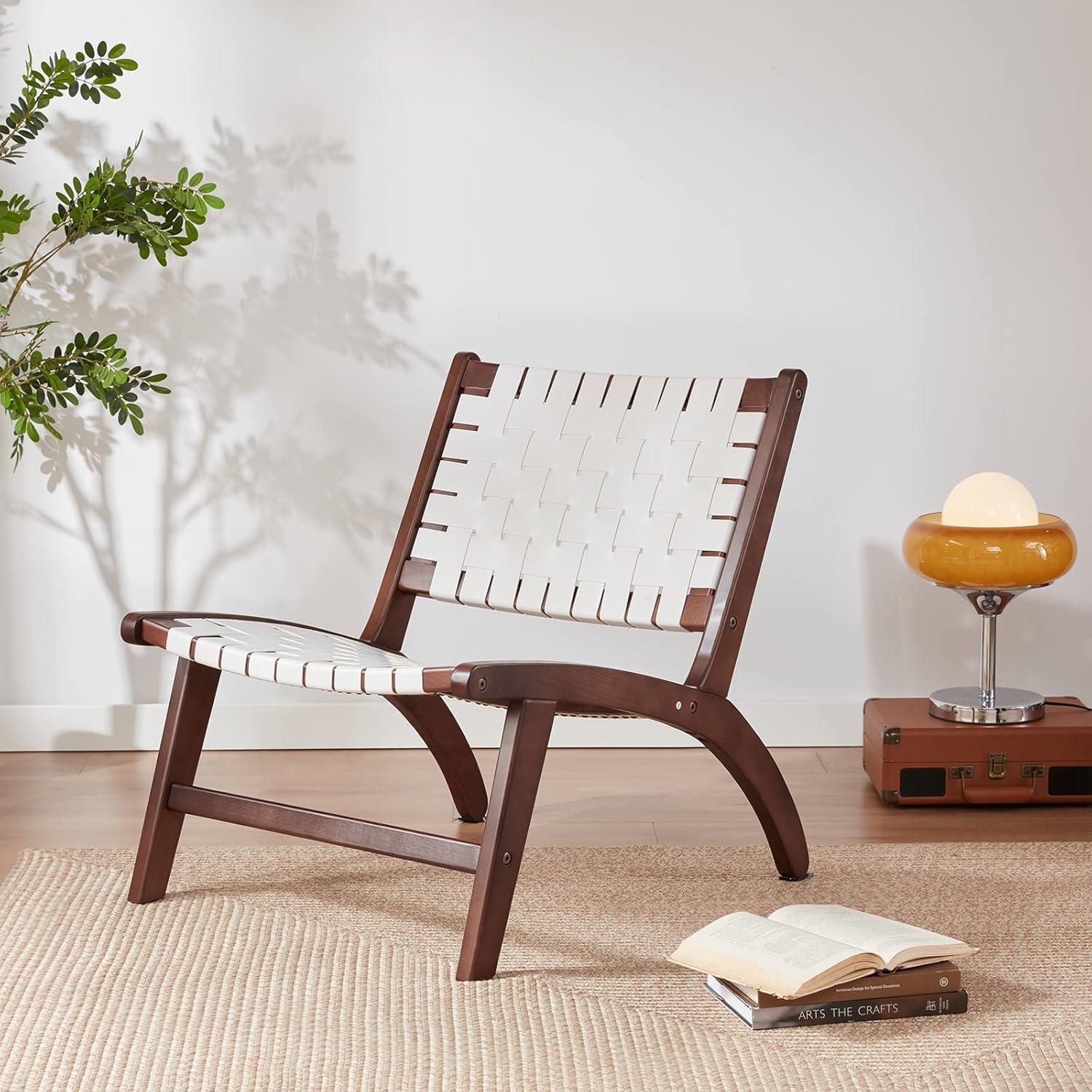Beech Modern Leather Accent Chairs for Living Room,Mid Century Lounge Chair,Side Brown Leather Chair Indoor Boho Scandinavian Cognac Woven Rattan Faux Leather Accent Chair