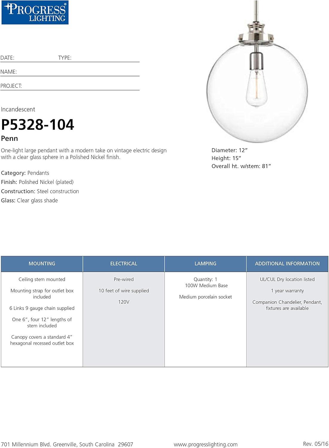 Progress Lighting, Penn Collection, 1-Light Large Pendant, Polished Nickel, Clear Glass Sphere Shade