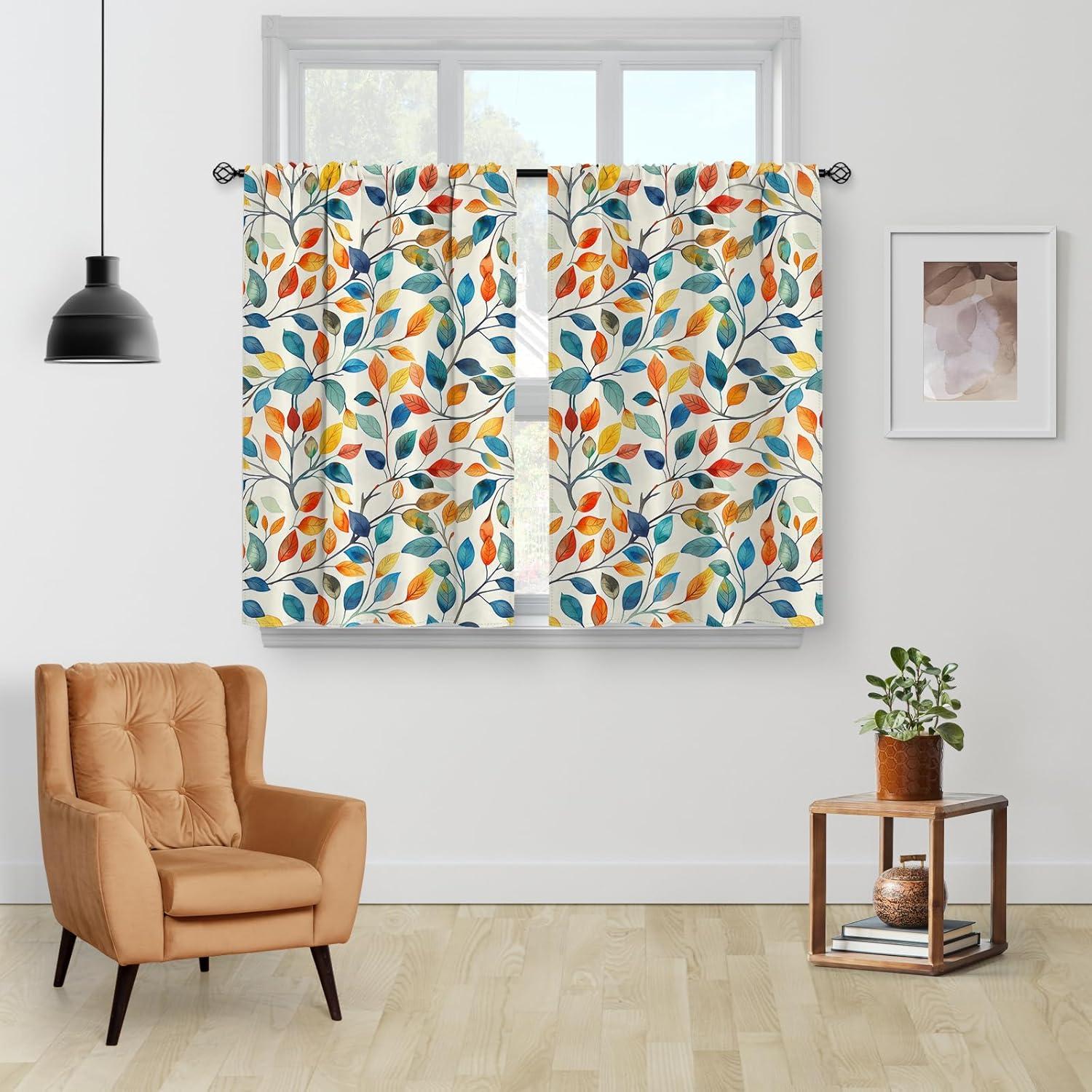 Aimego Colorful Leaves Kitchen Curtains - Floral Spring Botanical Tier Cafe Curtains Farmhouse Country Small Window for Bathroom Living RV Rod Pocket Window Drapes 36 Inch 2 Panels Set 28 "x36