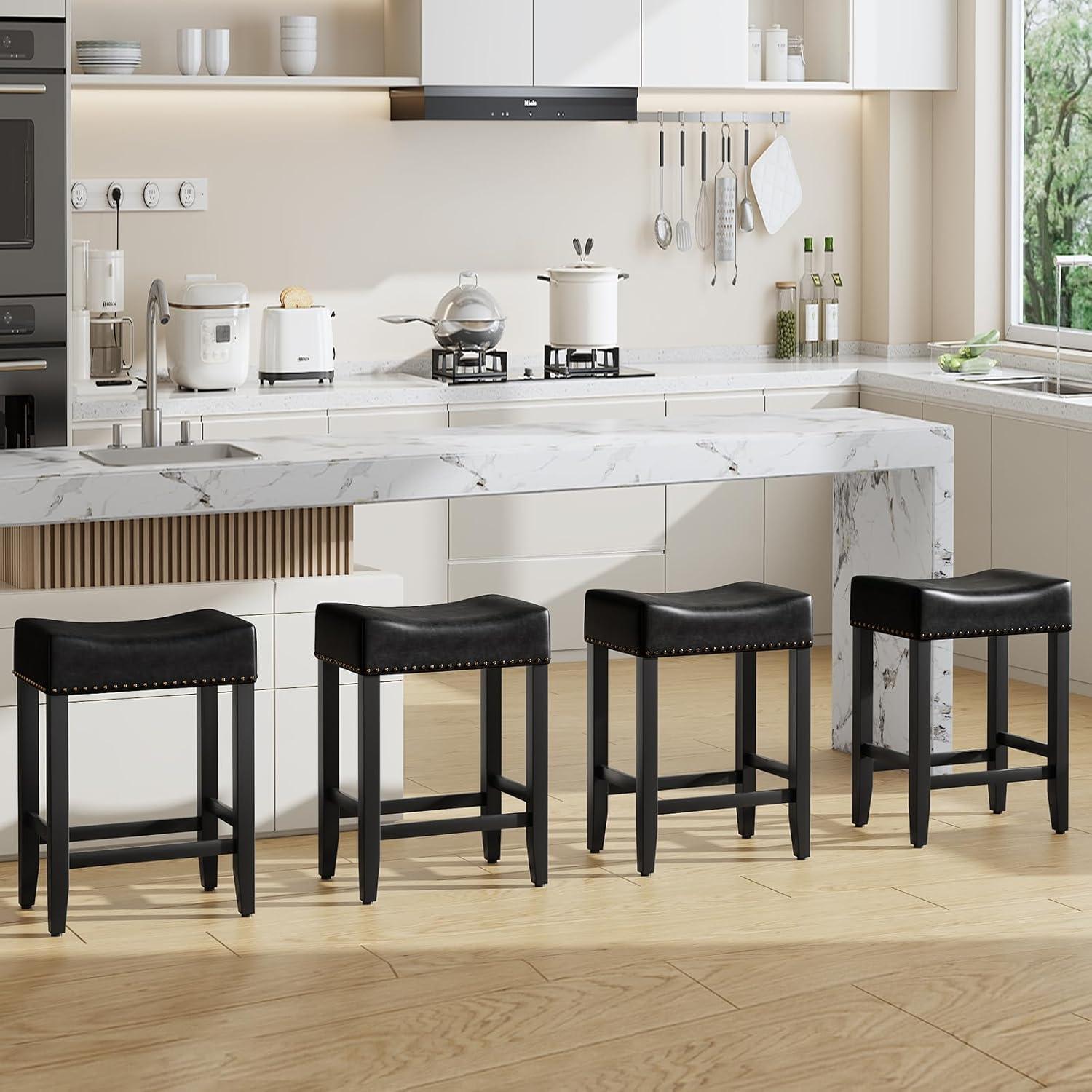 Furniliving 26" Counter Height Bar Stools, Linen Backless Saddle Seat Barstools, Set of 4,Beige