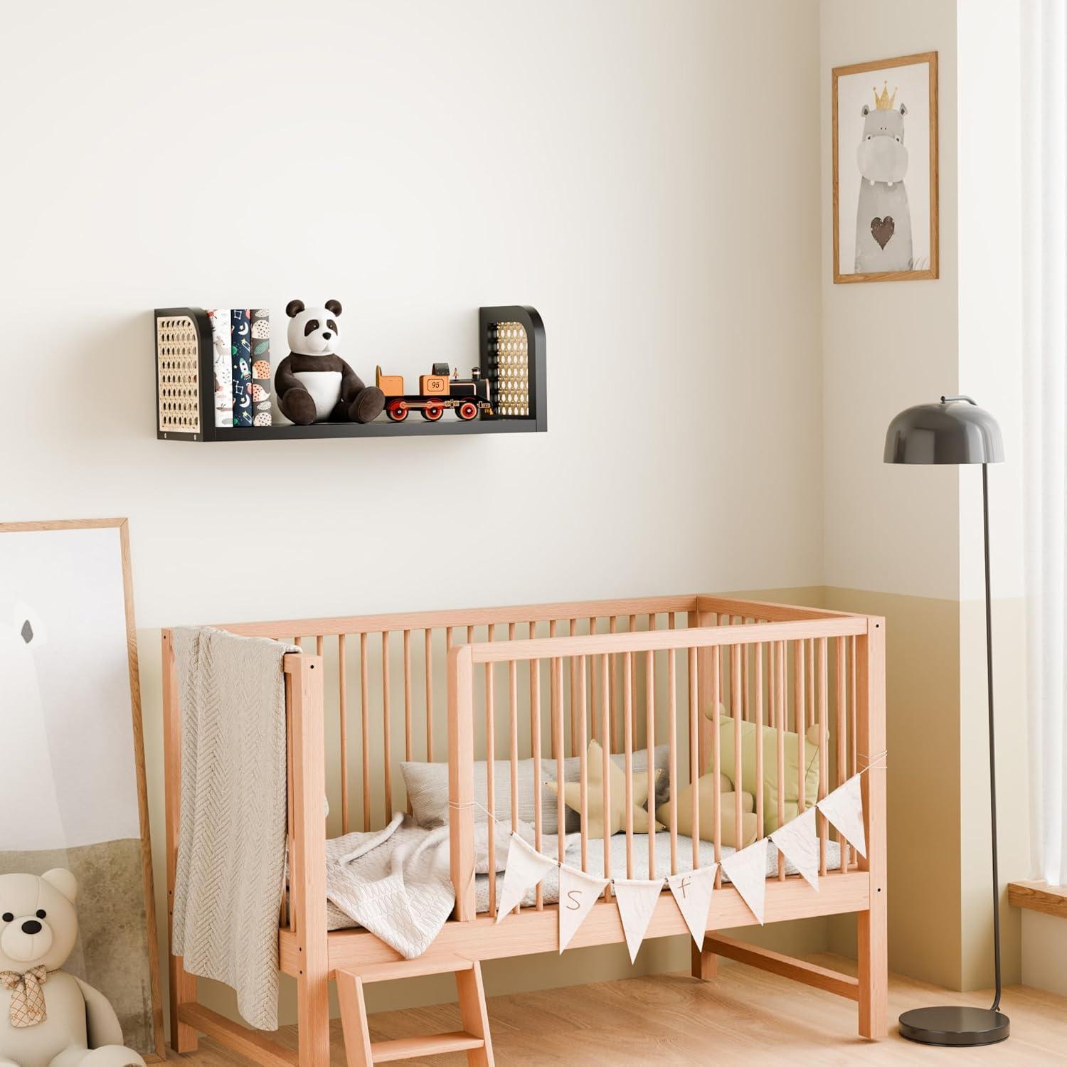 Black Rattan Wall Shelf, Hanging Book Shelves for Wall, Decorative Shelves for Natural Nursery Decor, Picture Ledge Shelves, Wall Mail Organizer, Floating Rattan Shelf for Office, Bedroom,Bathroom