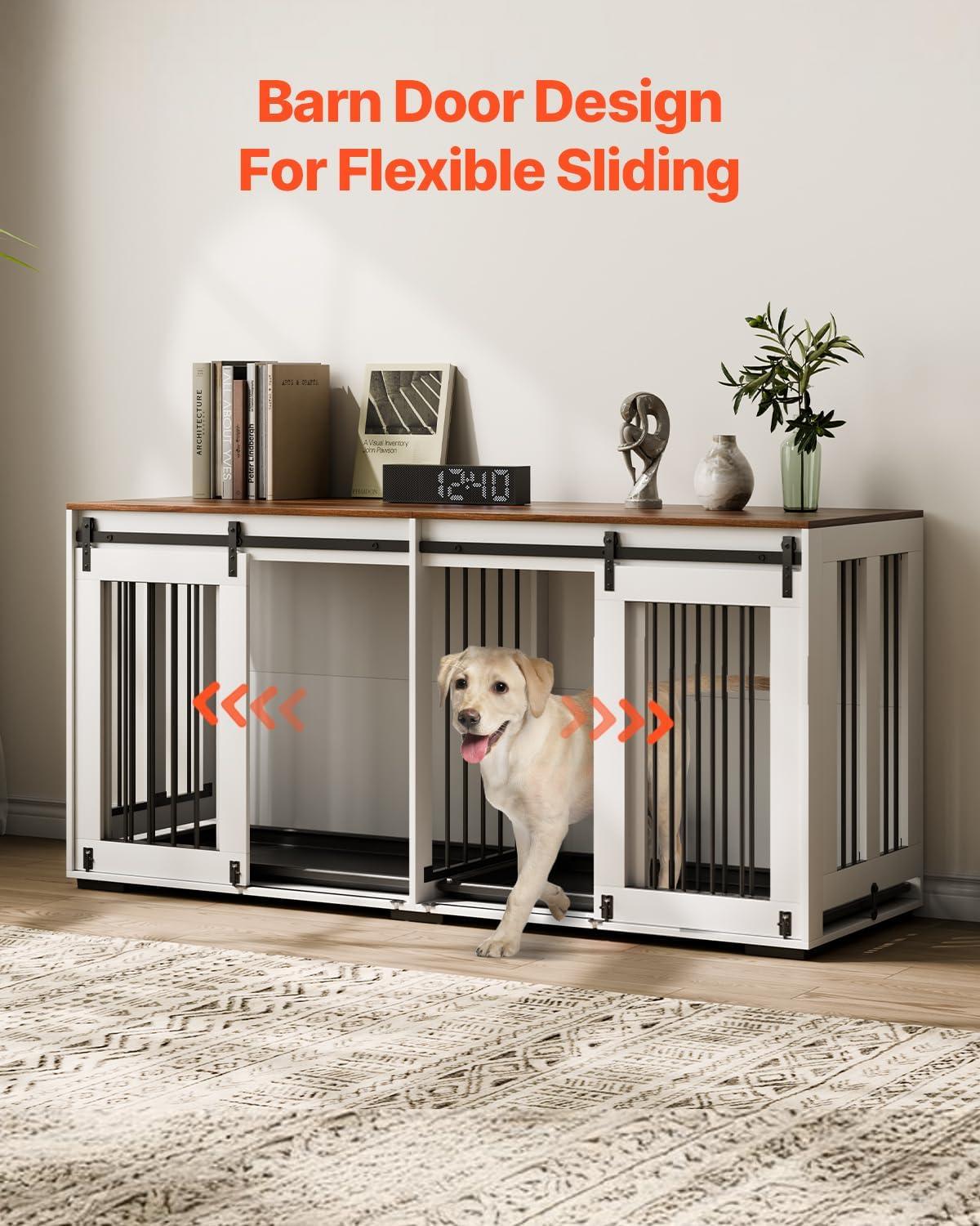 VEVOR 72"Dog Crate Furniture for 2 Dogs,Double Dog Crate Furniture with Double Sliding Doors,Large Dog Crate TV Stand with Removable Tray,Steel Frame Double Dog Crate for Small,Medium,Large Dogs White
