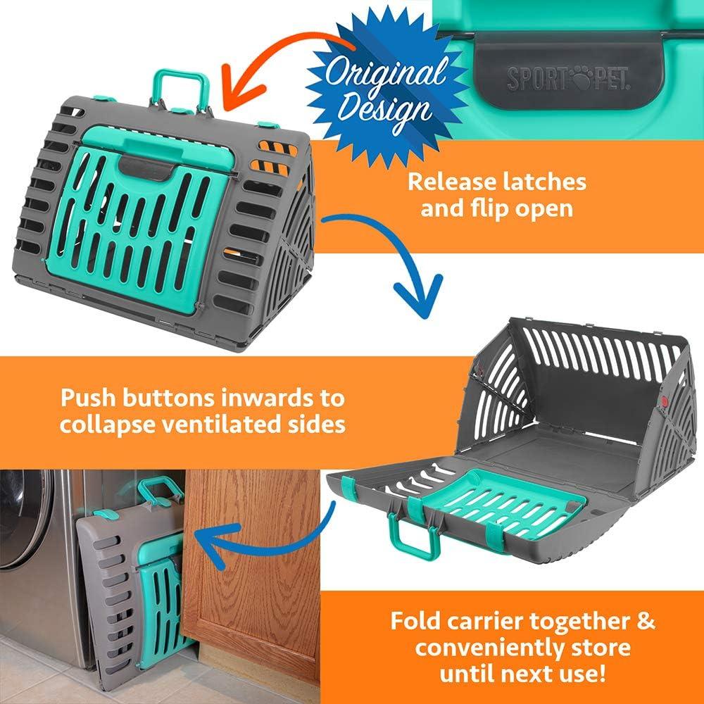 Sport Pet Designs, Foldable Plastic Travel Cat Carrier, Waterproof Bed included, 35 lb Limit, Gray
