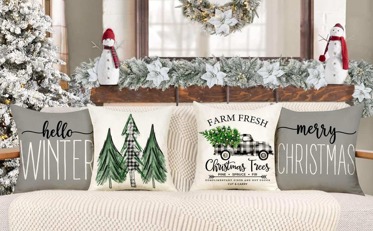 Christmas Pillow Covers 18 x 18 Inch Set of 4  Grey Merry Xmas Tree Snow Hello Winter Decorative Throw Pillowcases Farmhouse Holiday Pillow Cases Decoration for Sofa Couch AA273-18