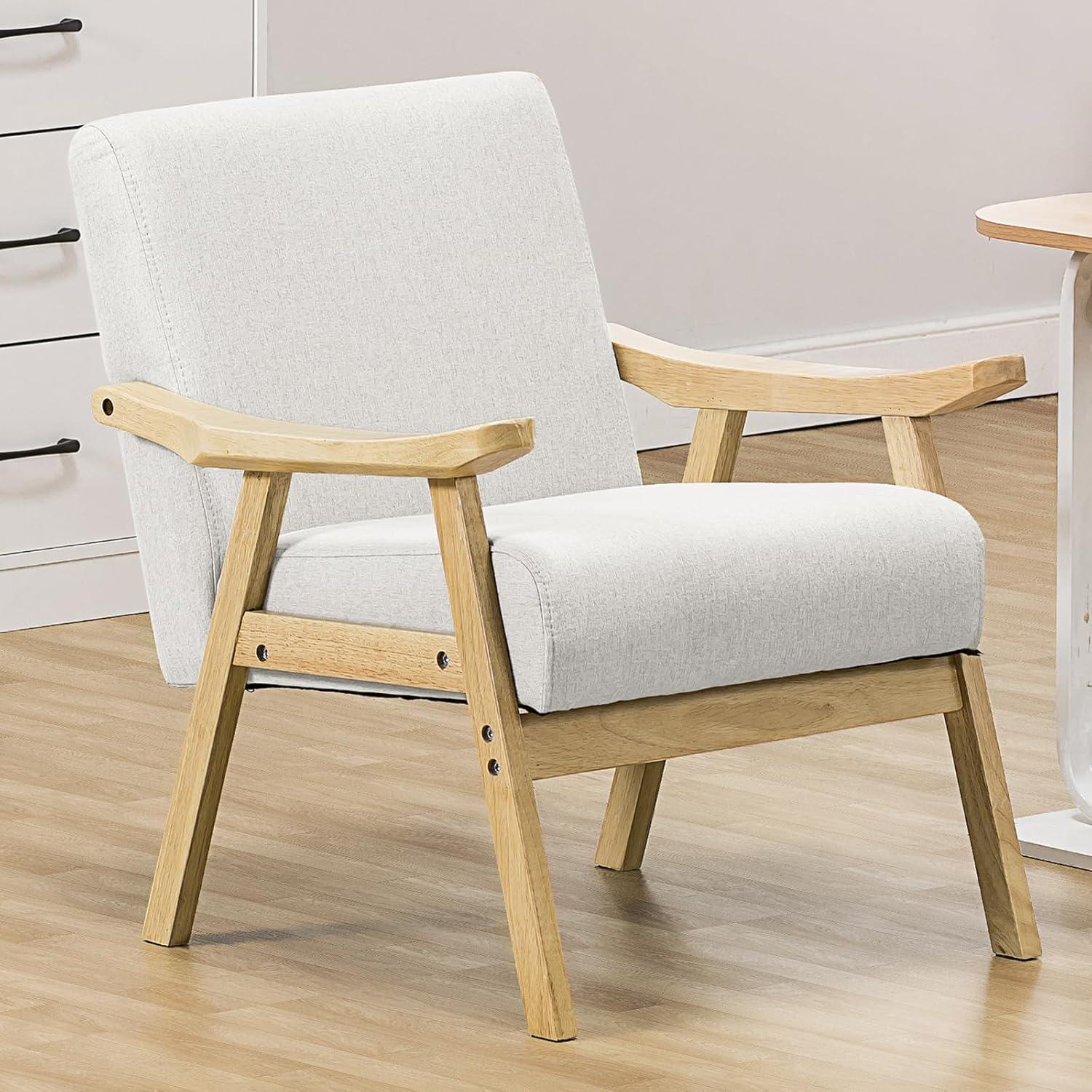 COMHOMA Mid Century Accent Chair, Modern Upholstered Living Room Chairs with Solid Wood Armrest, Comfy Reading Armchair for Bedroom, Sunroom, Balcony (Curved Armrests, Beige)
