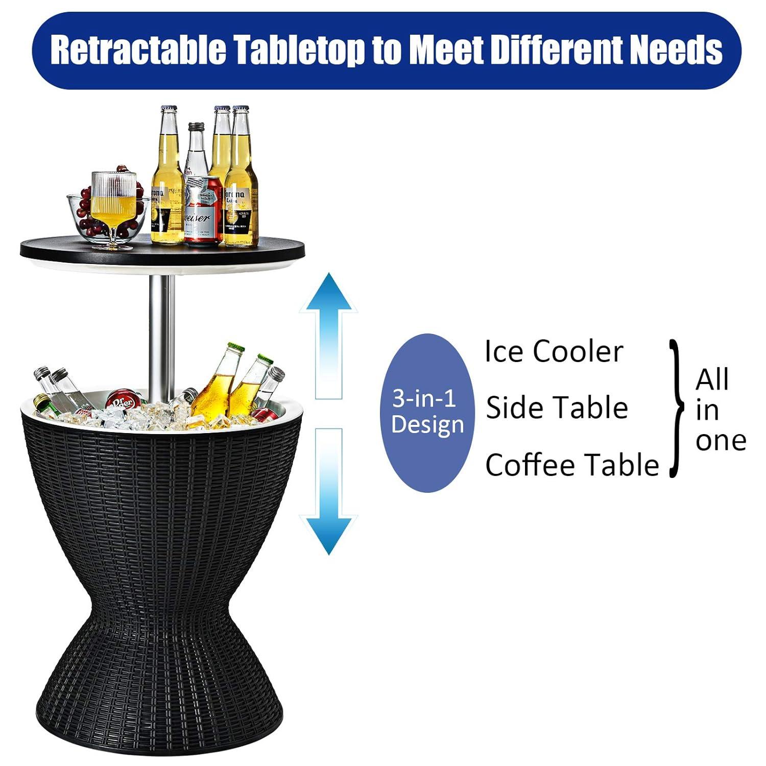 Costway 8 Gallon 3 in 1 Patio Rattan Cooler Bar Table Adjust Ice Bucket Black